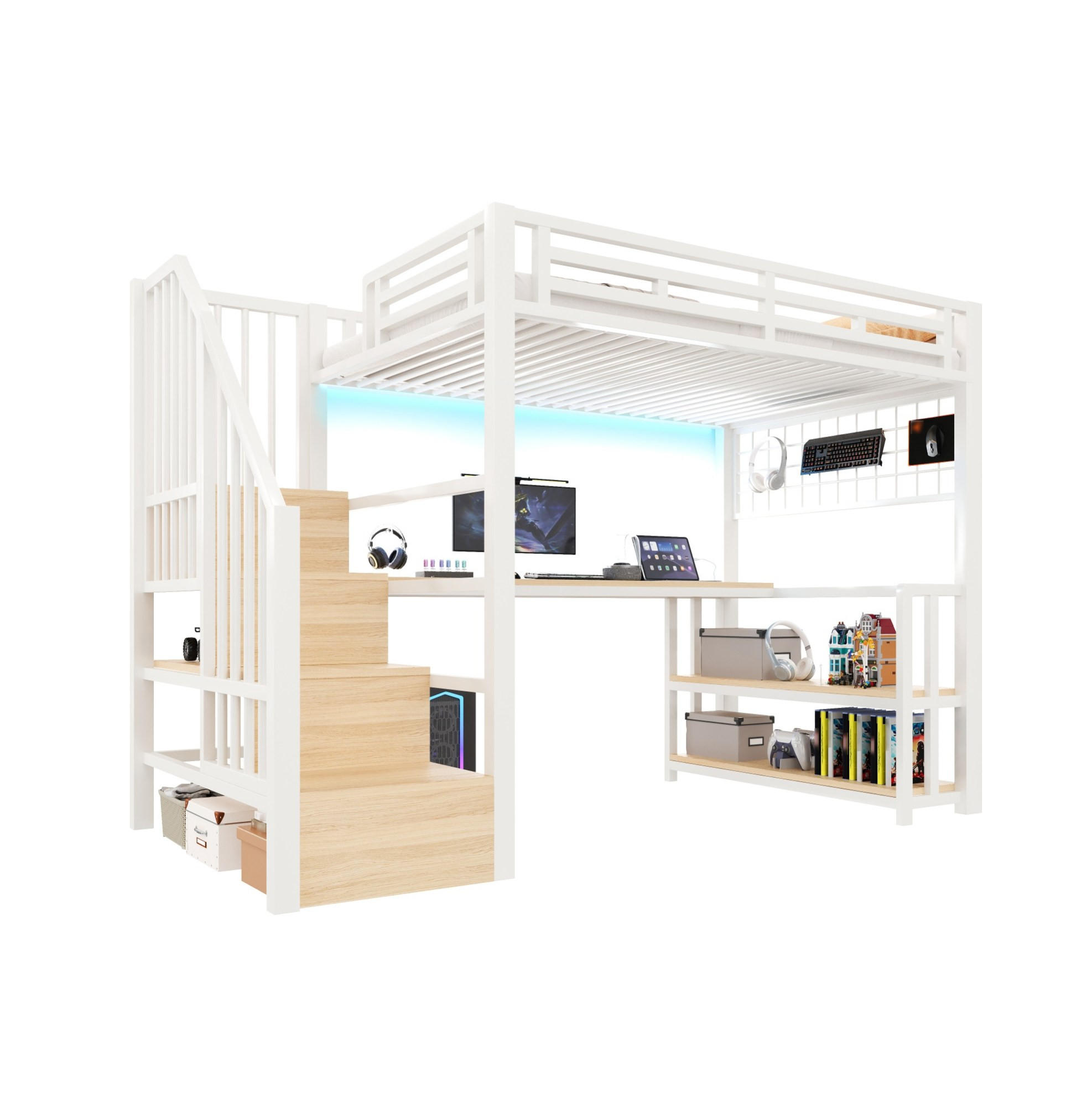 HOCHBETT 90/200 cm aus Metall/MDF mit Schreibtisch, Stauraumtreppe und LED Weiß - Weiß, Metall (90/200cm) - Modenvie