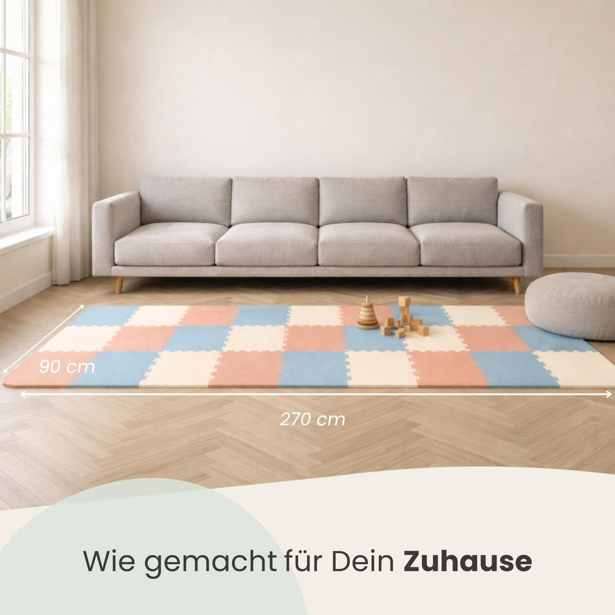 SPIELMATTE ab Null - 270/90/1 cm Puzzlematte mit Rand Graublau Terrakotta Beige - Rosa, Kunststoff (30/30cm) - Littletom