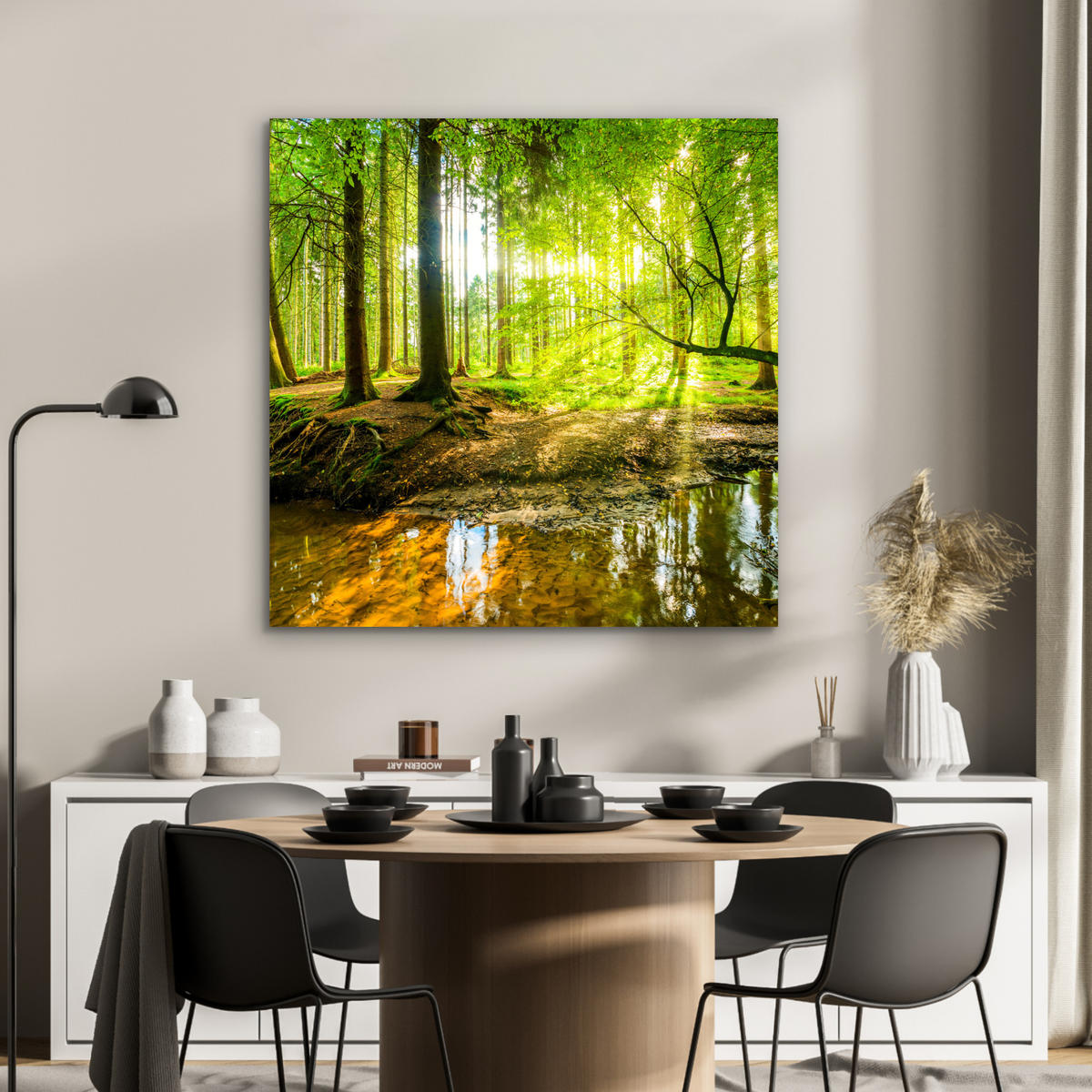 METALLBILD Wald - Landschaft - Wasser - Bäume - Sonne - Grün - Natur 90x90 cm - Grün, Metall (90/90cm) - MuchoWow