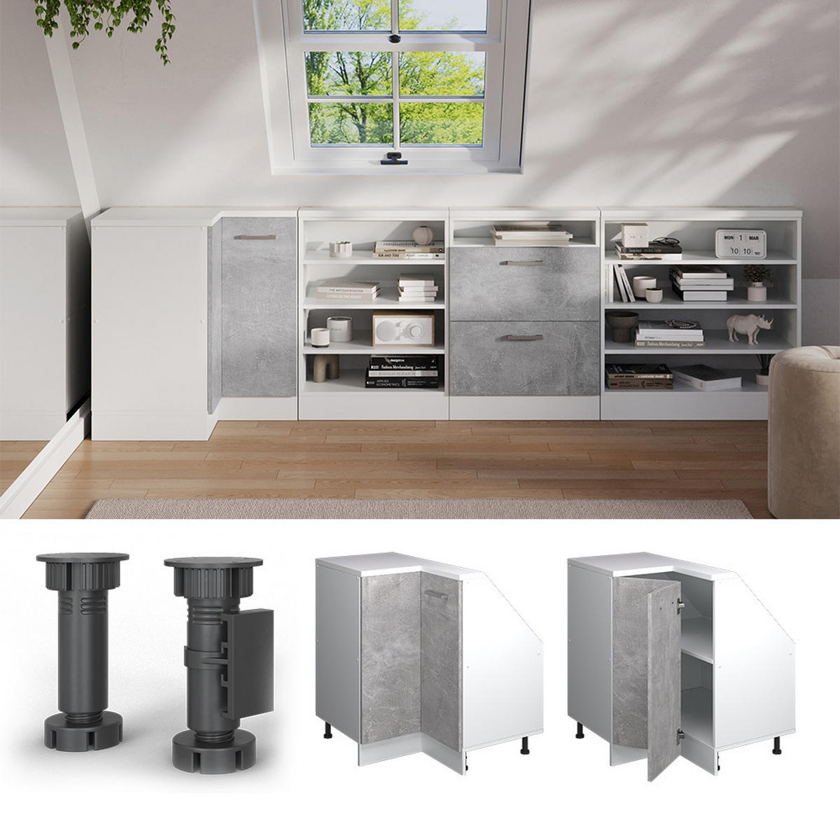 DACHSCHRÄGENSCHRANK ECKSCHRANK Rion Beton/Weiß 75.6 x 81.6 cm mit 1 Tür - Weiß/Grau, Holzwerkstoff (75.6/81.6/75.6cm) - Vicco