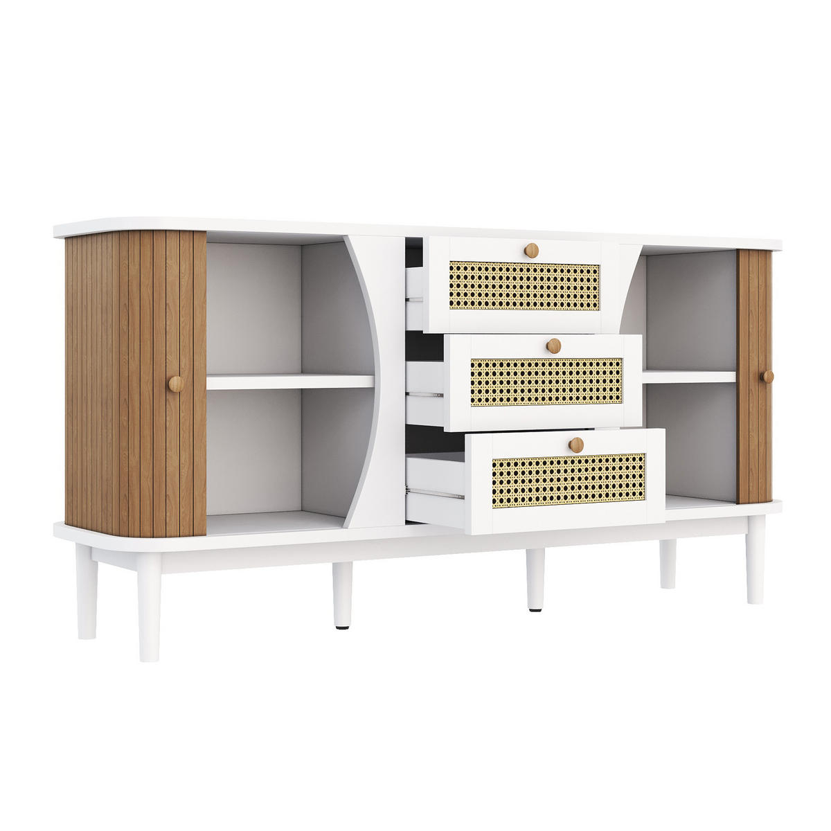 SIDEBOARD in Weiß & Holz-Optik Rattankommode mit 3 Schubladen & Bogen-Design - Weiß, Holzwerkstoff (140.5/76/40cm) - Urban Meuble