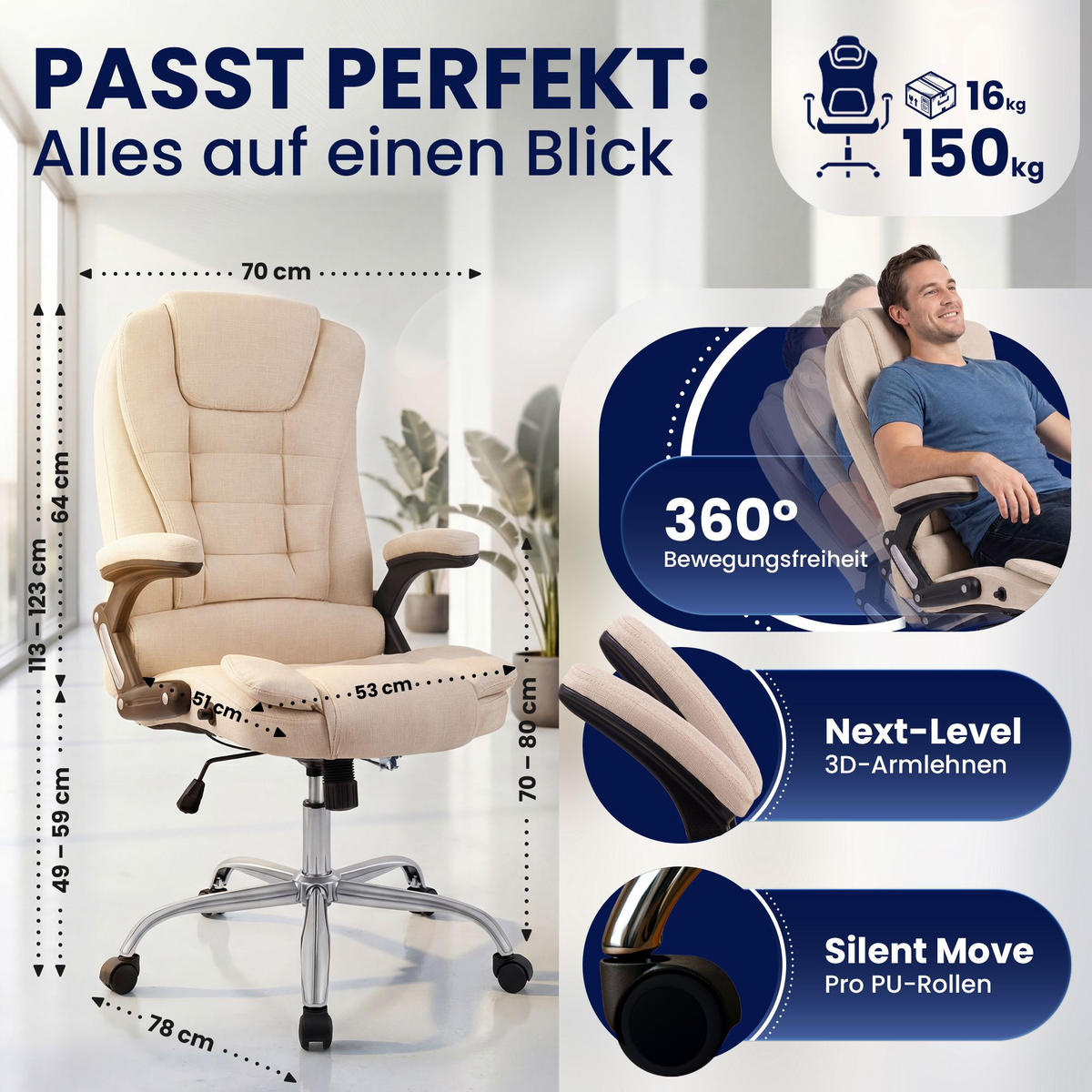 CHEFSESSEL Stoff Creme - Chromfarben/Creme, Textil/Metall (69.5/113/78cm) - CLP