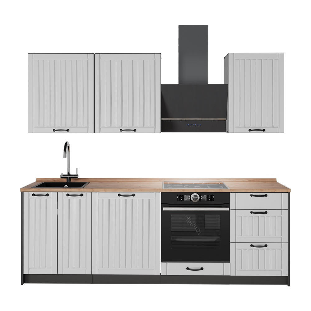 KÜCHENZEILE Fame-Line, Weiß Landhaus/Anthrazit, 230 cm, AP Eiche - Anthrazit/Weiß, Holzwerkstoff (230/206.8/60cm) - Vicco