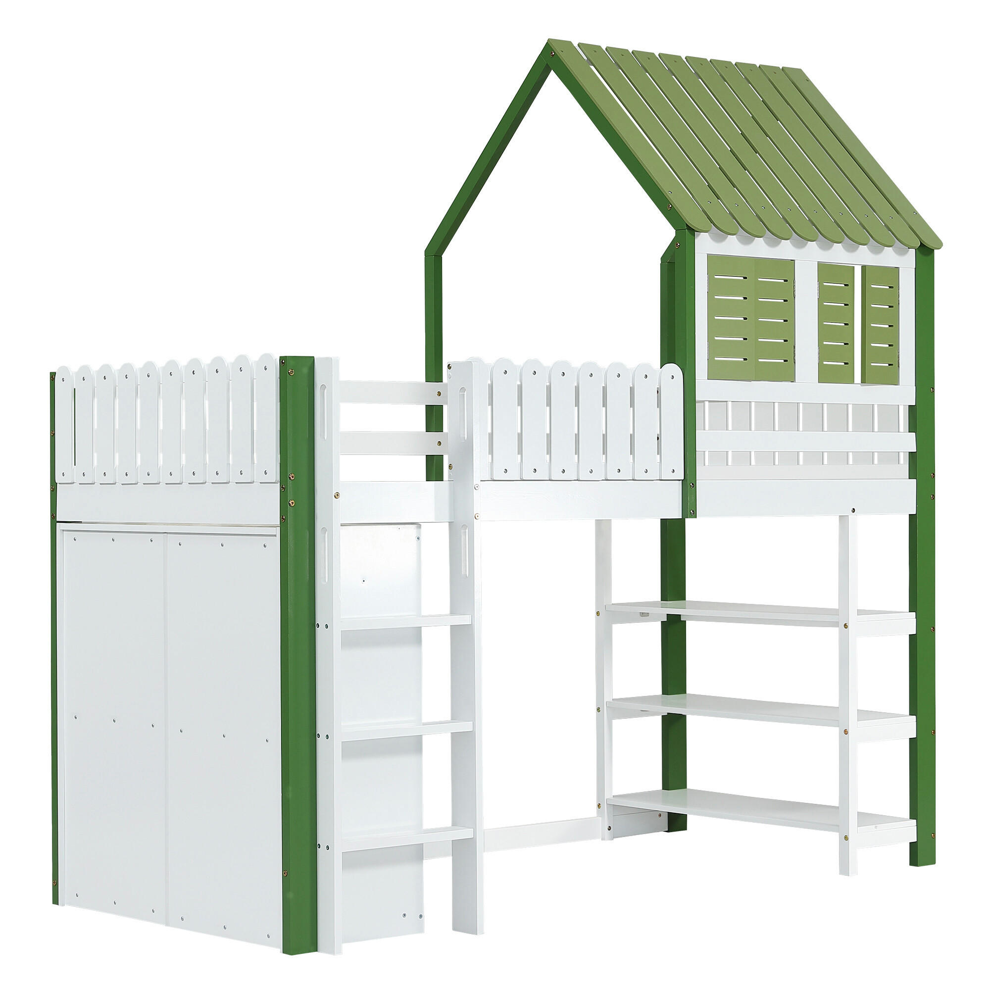 HOCHBETT, KINDERBETT Mit Leiter und Stauraum Grün und Weiß - Weiß/Grün, Holzwerkstoff - Urban Meuble