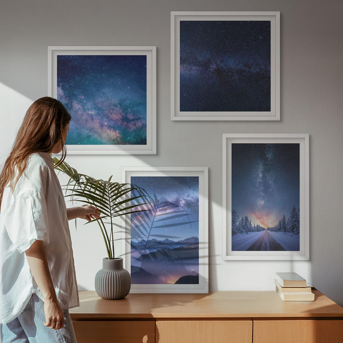 BILDER SET 4er Set - 50x50 cm & 40x60 cm Weißer Rahmen - Nachthimmel, Berge, Winter, Weltraum - Weiß, Kunststoff (50/50cm) - TULUP