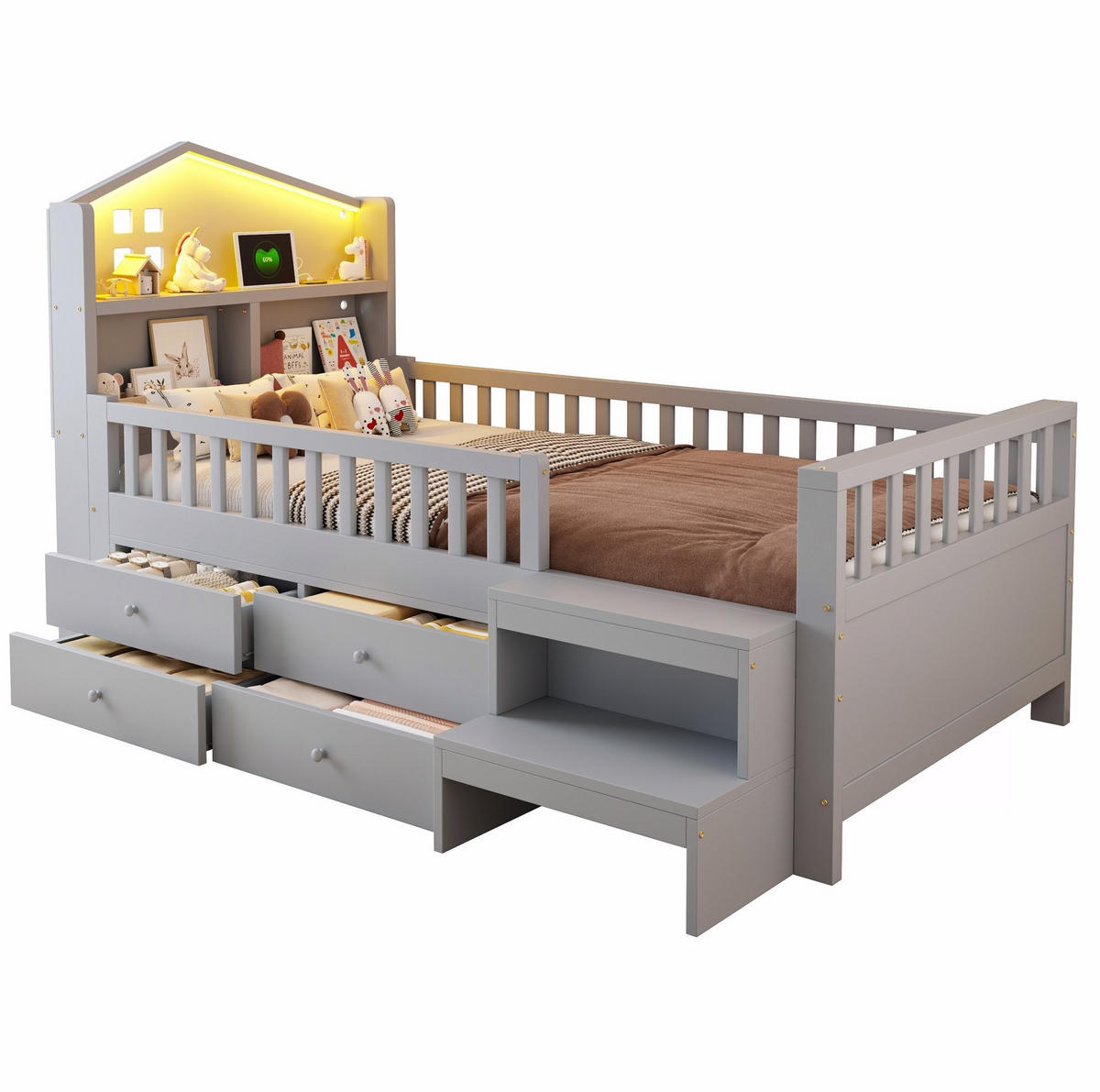KINDERBETT 90/200 cm grau aus Massivholz mit Schubladen und LED - Grau, Holzwerkstoff (90/200cm) - OKWISH