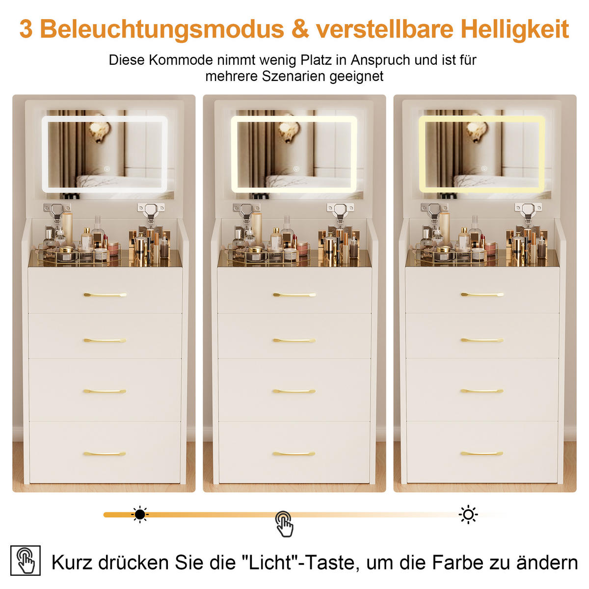 SCHMINKTISCH 3-in-1 Nachttisch (60 cm) in Weiß mit Klappspiegel, Glasplatte & Hocker - Weiß, Holzwerkstoff/Metall (60/118/40cm) - Urban Meuble