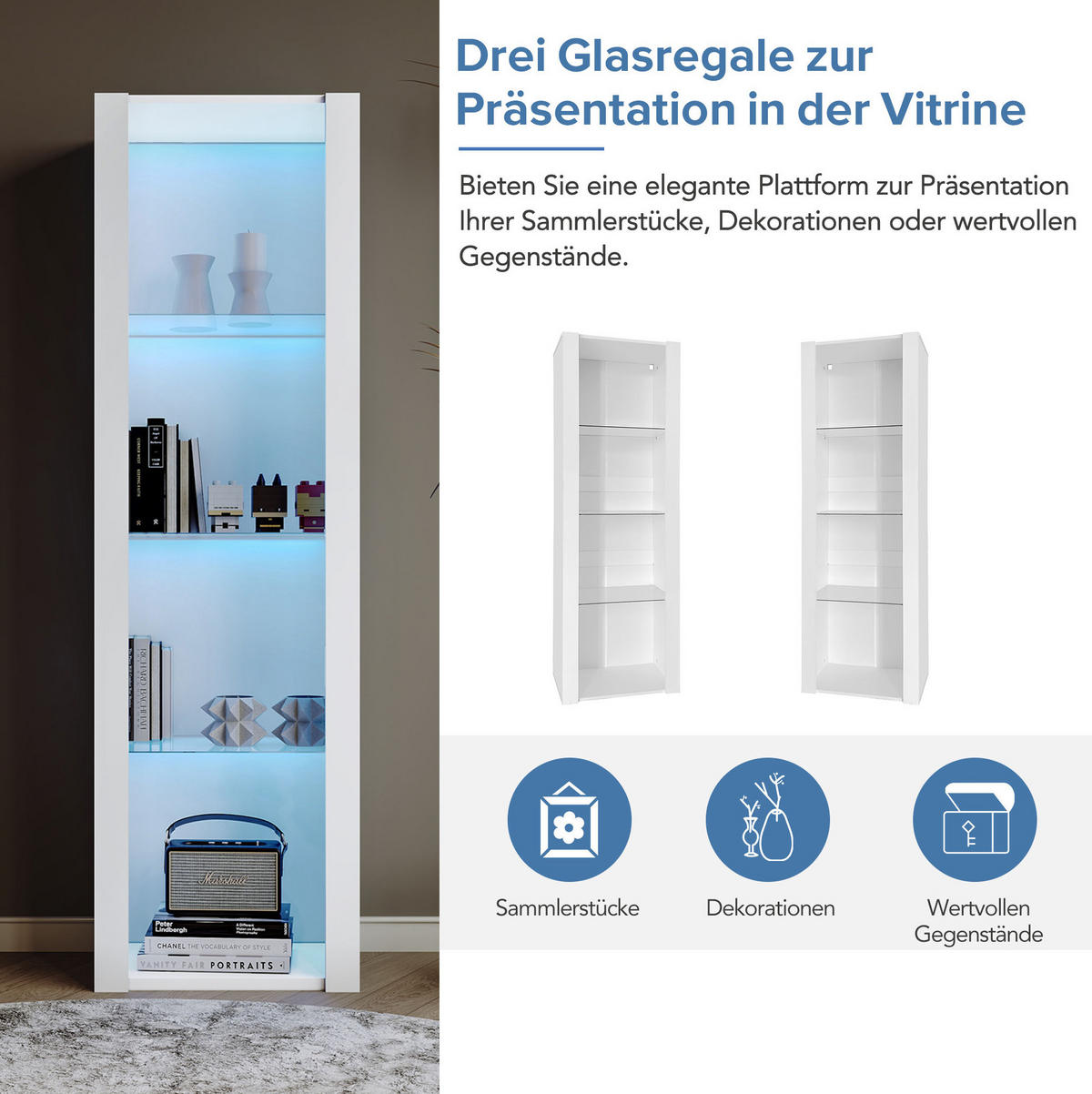 VITRINE 55/38/166 cm aus Spanplatte mit Hochglanzfront und LED-Beleuchtung Weiß - Weiß, Holzwerkstoff (55/166/38cm) - Modenvie