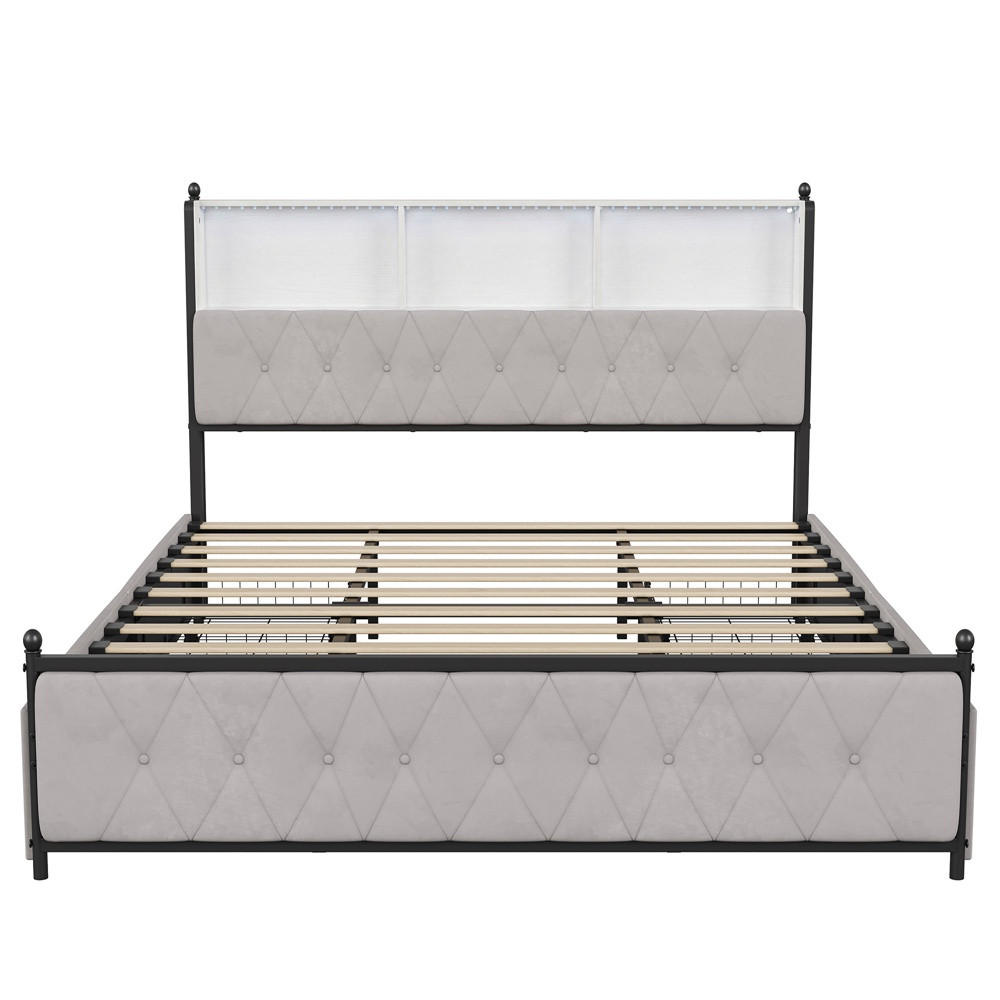 POLSTERBETT 160x200 cm mit 4 Schubladen - Kopfteil mit Stauraumfächern,USB&Type-C Ladestation und LED-Beleuchtung - Beige, Textil (160/200cm) - DELFA