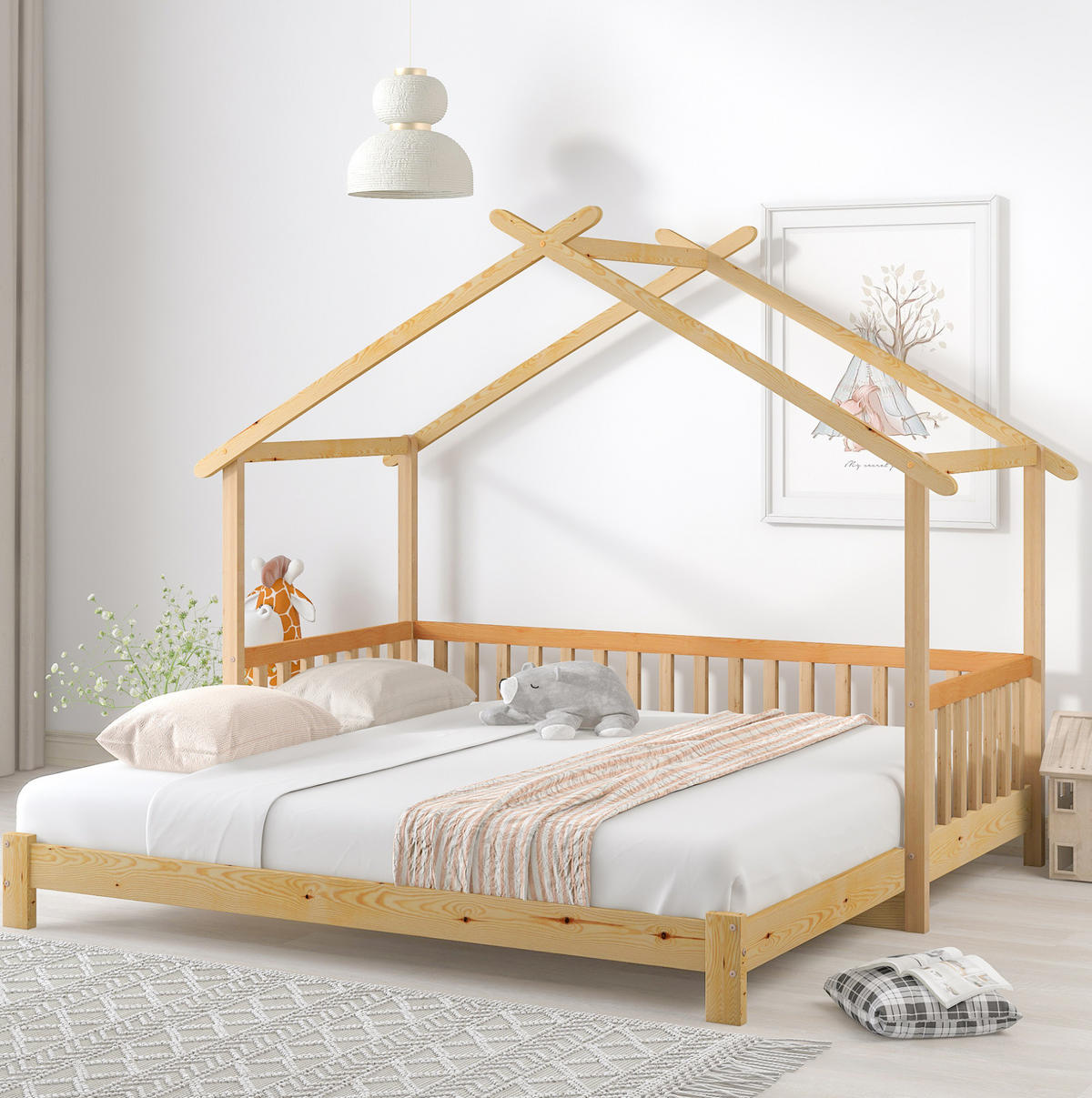 HAUSBETT aus massivem Kiefernholz 90/180x200 cm Natur ausziehbar mit Hausdach und 3-seitigem Geländer - Naturfarben, Holzwerkstoff (90/200cm) - Modfu