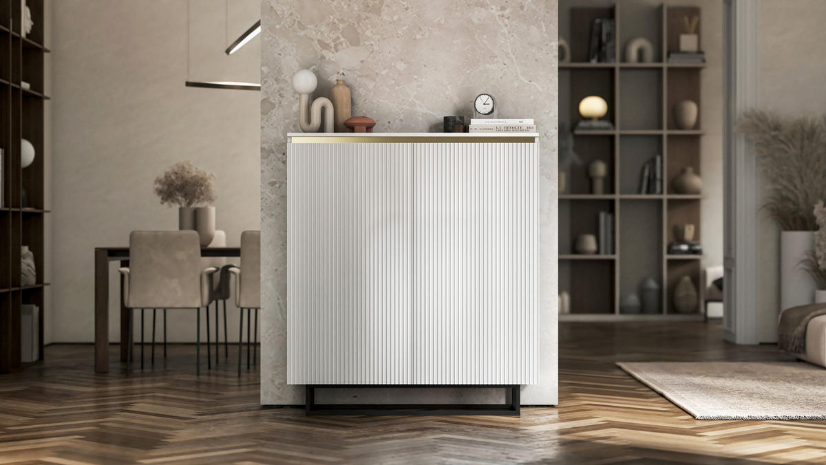 HIGHBOARD Selene 2D Weiß Matt 111 cm - Schwarz/Weiß, Holzwerkstoff/Metall (111/125/35cm) - Meble Lindner