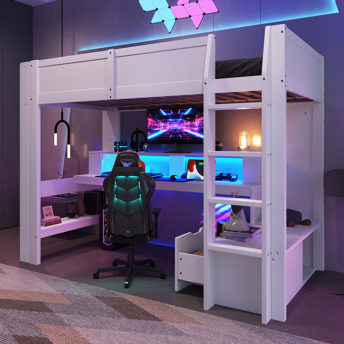 HOCHBETT 90/200 cm mit Schreibtisch, Regal, Schublade und LED-Beleuchtung aus Kiefernholz, Weiß - Weiß, Holz (90/200cm) - Redom