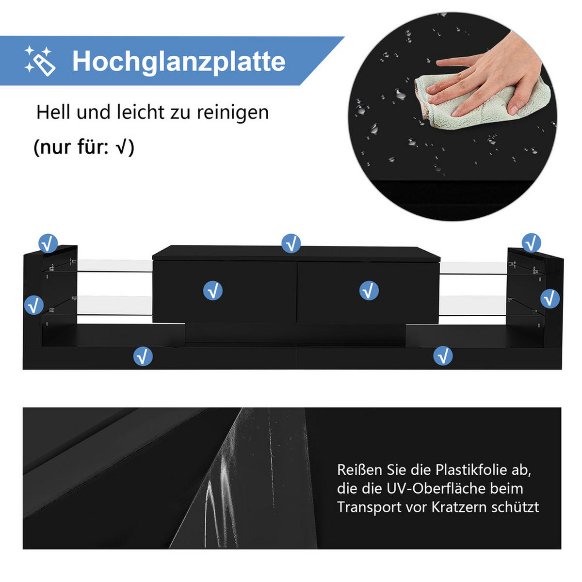 TV-SCHRANK 181cm LED Schwarz Glas 70-79 Zoll 2 Schubladen - Schwarz, Holz (45.72/15.88/101.6cm) - FLIEKS