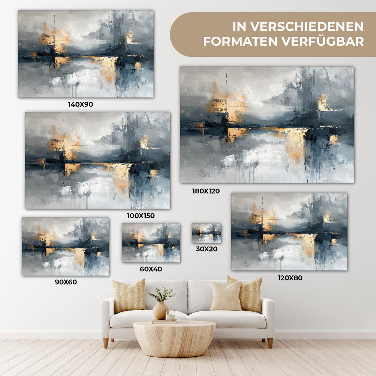 LEINWANDBILD Kunst - Grau - Gold - Abstrakt XXL 150x100 cm - Dunkelgrau, Textil (150/100cm) - MuchoWow