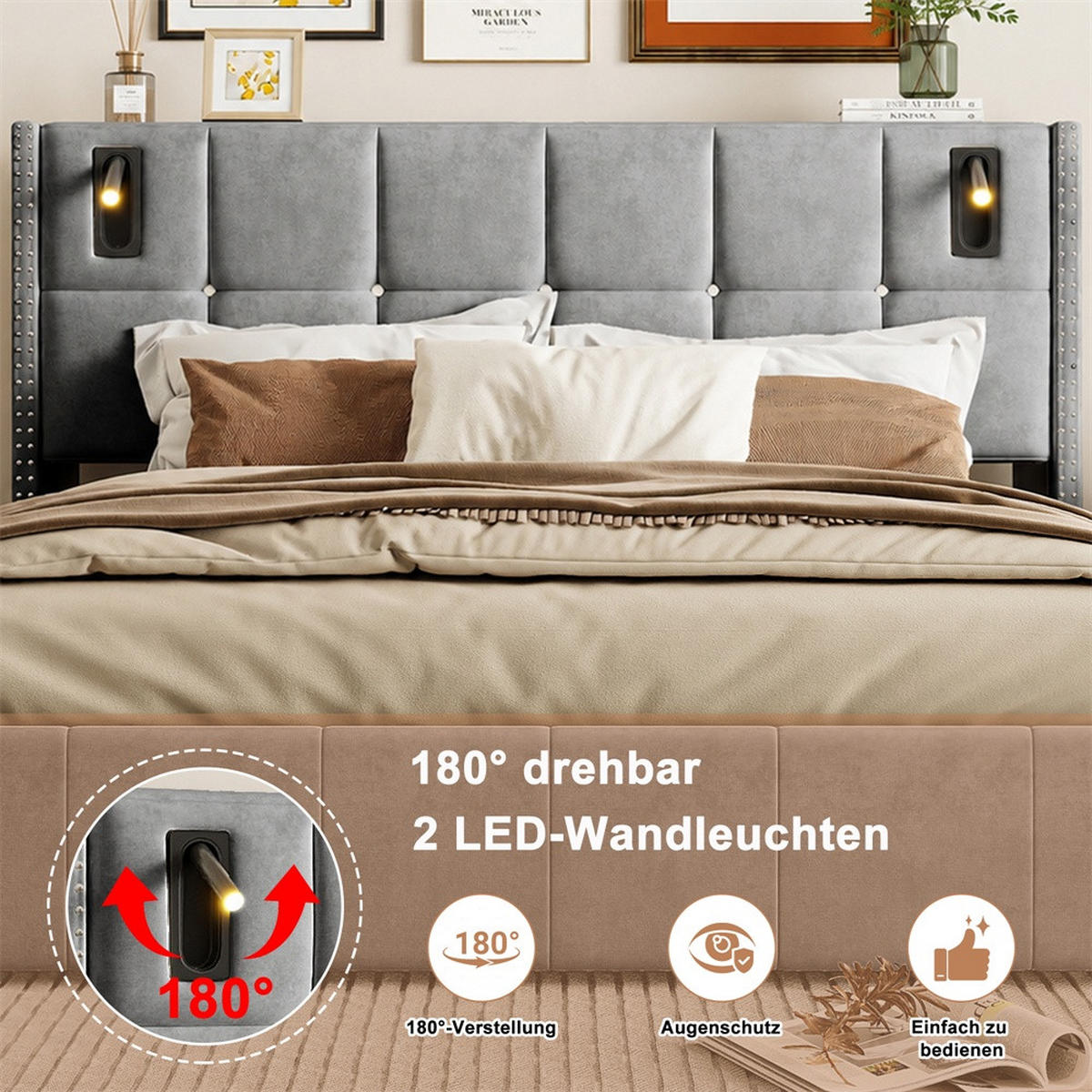 POLSTERBETT 140x200 cm - mit integrierten LED-Leseleuchten und hydraulischer Hebefunktion - ohne Matratze - Grau - Grau, Textil (140/200cm) - DELFA