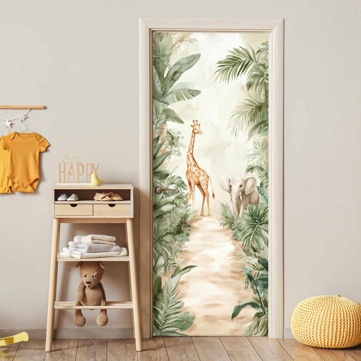 NÁLEPKA NA DVERE Džungľa - Žirafa - Slon - Zelená - Príroda 95x235 cm - farba eukalyptového dreva, plast (95/0.1cm) - MuchoWow