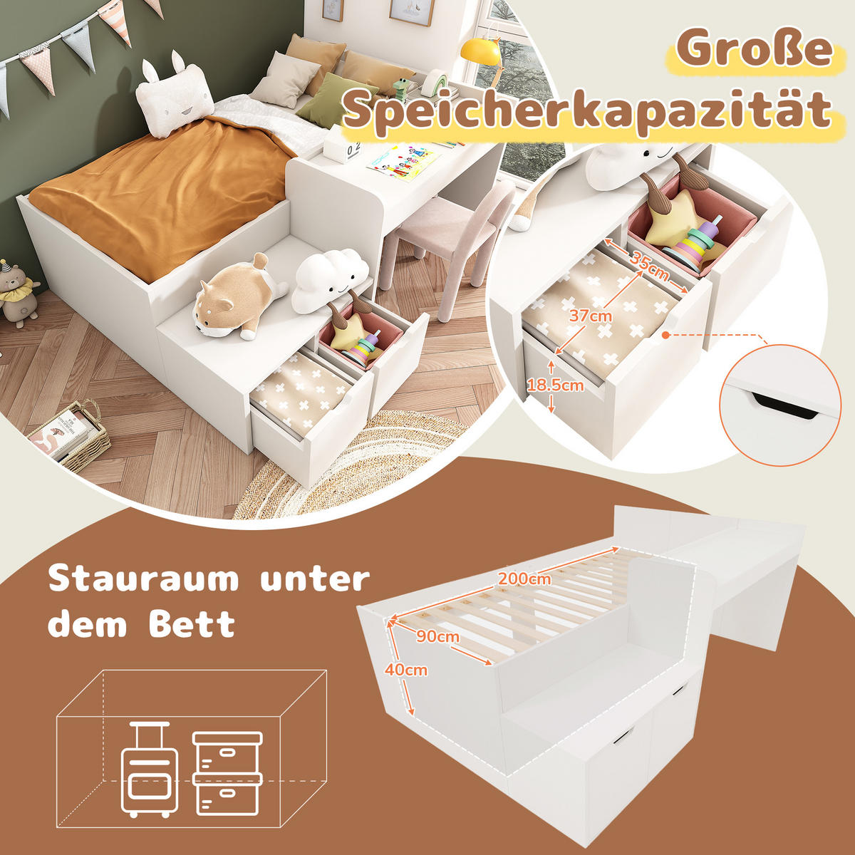 KINDERBETT 90/200 cm mit Schreibtisch und 2 Schubladen aus Massivholz und MDF, platzsparend, Weiß - Weiß, Holzwerkstoff - Redom