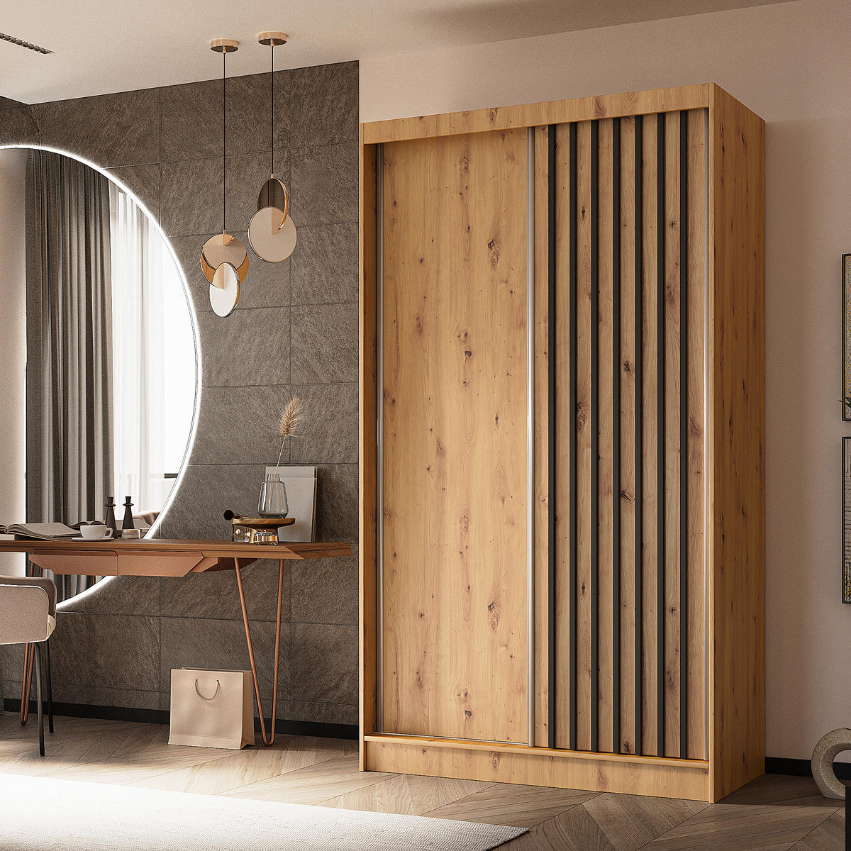 SKŘÍŇ s posuvnými dveřmi Helios 120/216/61 dub Artisan + černá se zásuvkami - černá/dub artisan, kompozitní dřevo (120/216/61cm) - Beautysofa