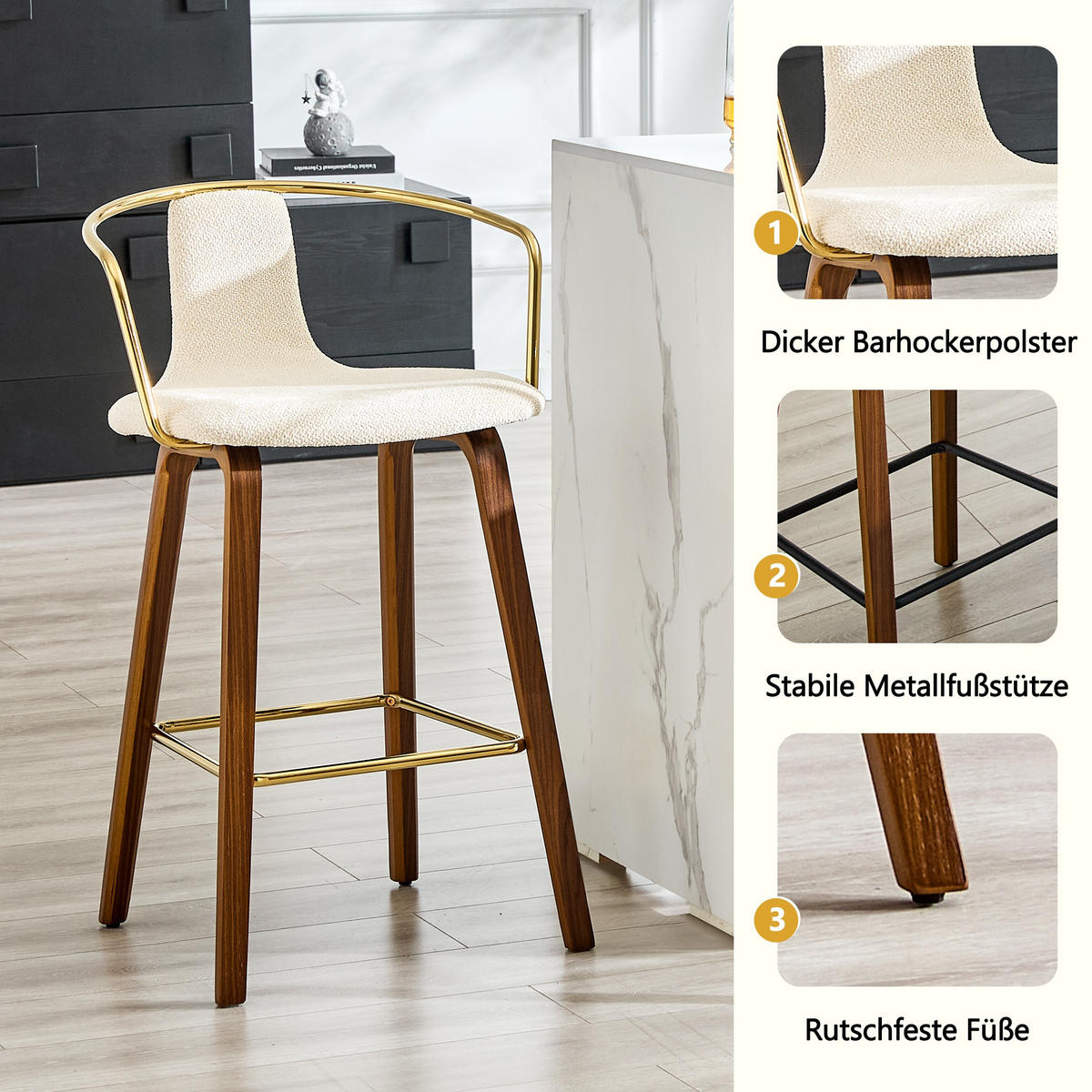 BARHOCKER Weiß 2er-Set mit Armlehne Teddystoff und Holzbeinen - Weiß, Holz (54.7/88/44cm) - PANGIVO