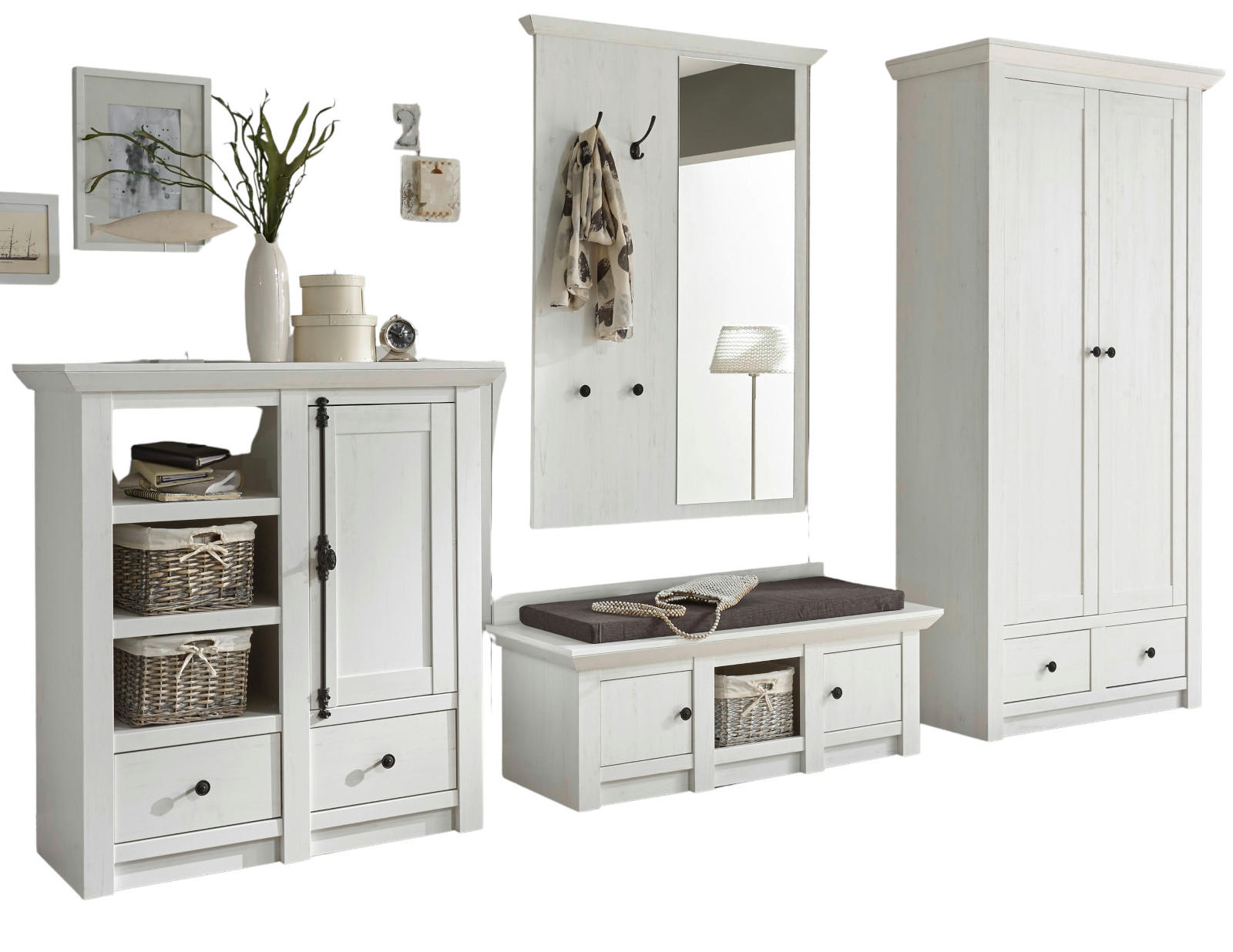 GARDEROBE Pinie weiß 4-teilig Set 354 cm, Garderobenkombination Landhaus - Schwarz/Weiß, Glas/Holzwerkstoff (354/206/45cm) - Furn.Design