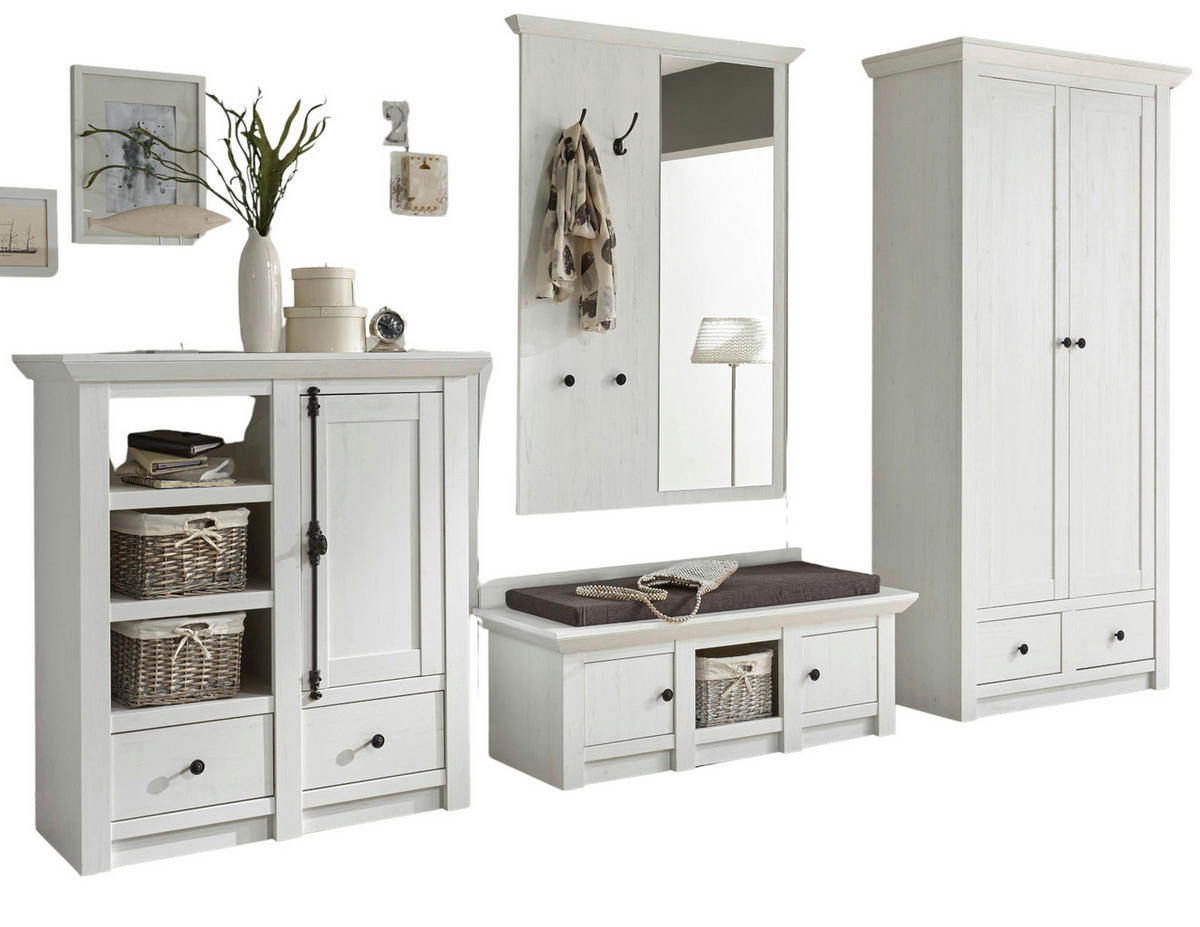 GARDEROBE Pinie weiß 4-teilig Set 354 cm, Garderobenkombination Landhaus - Schwarz/Weiß, Glas/Holzwerkstoff (354/206/45cm) - Furn.Design