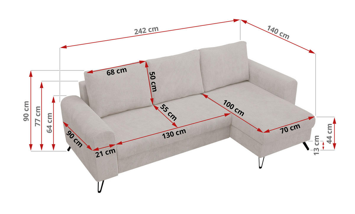 ECKSOFA Hugo Cord Weiß - Schwarz/Weiß, Textil/Metall (242/140cm) - MKS