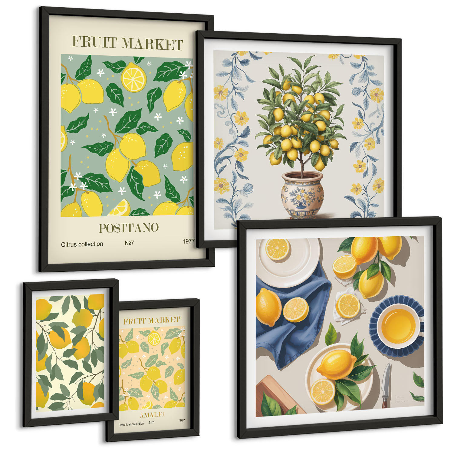 BILDER SET 5er Set - 50x50 cm & 20x30 cm & 40x60 cm Schwarzer Rahmen - Zitronenbäume in der Sonne - Schwarz, Kunststoff (40/60cm) - TULUP