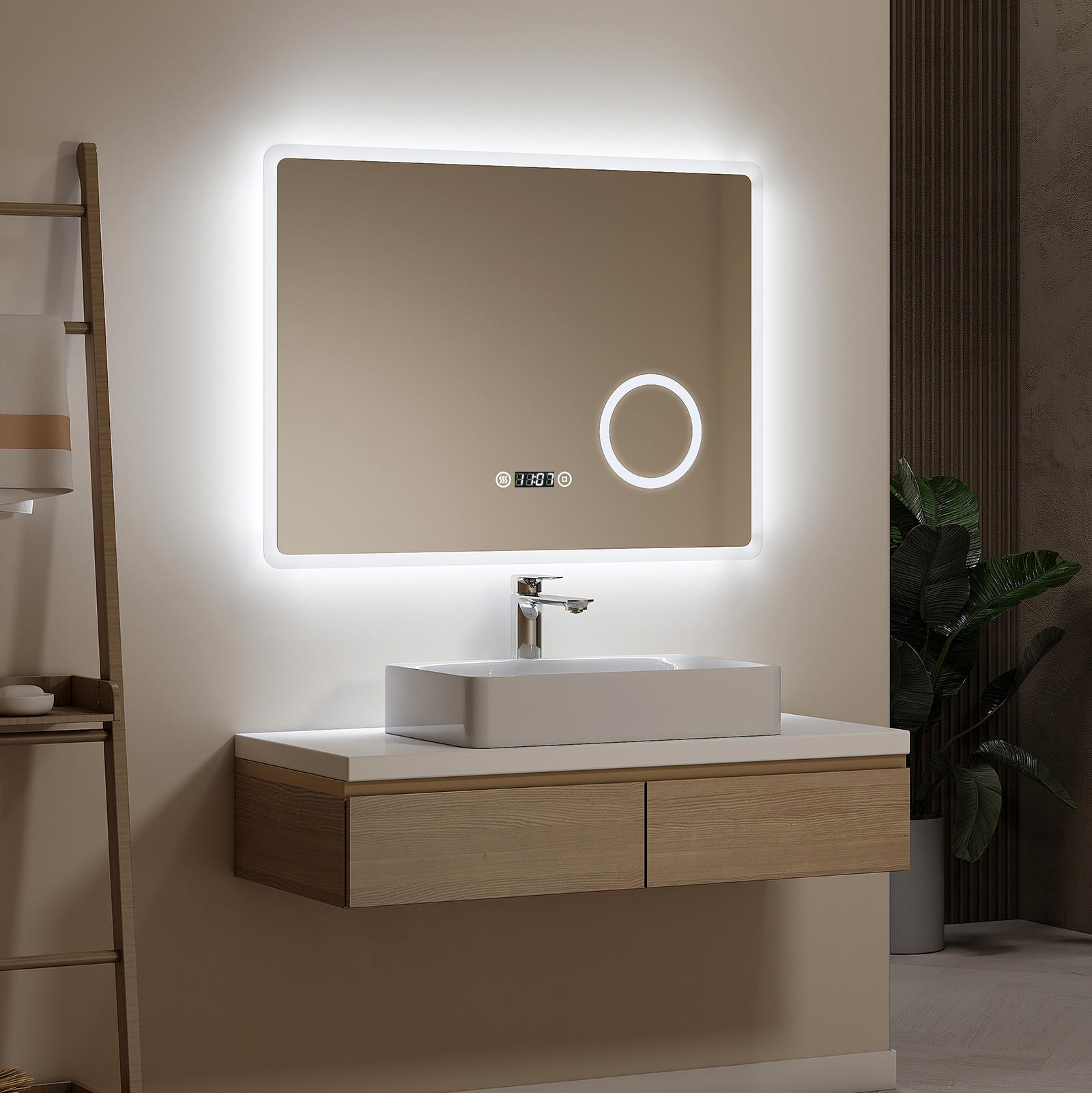 BADSPIEGEL mit Zeitanzeige Beleuchtung mit Integriertem Schminkspiegel 80/60 cm - Weiß, Glas (60/3.5/80cm) - EMKE