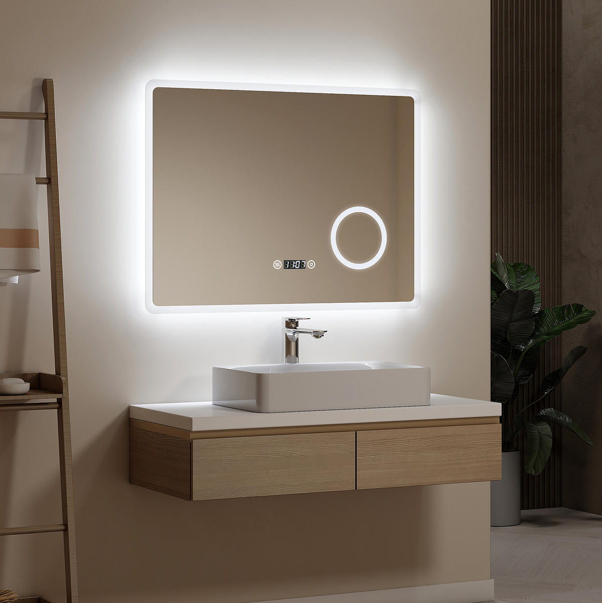 BADSPIEGEL mit Zeitanzeige Beleuchtung mit Integriertem Schminkspiegel 80/60 cm - Weiß, Glas (60/3.5/80cm) - EMKE