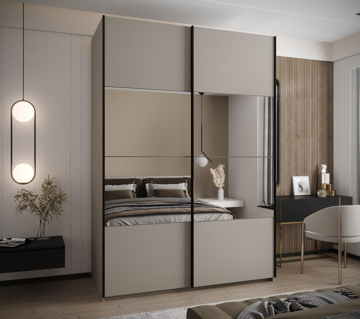 SCHWEBETÜRENSCHRANK 245,5/170/64 2-türig - Kaschmir/Schwarz, Holz/Metall (170/245/64cm) - Abiks Möbel