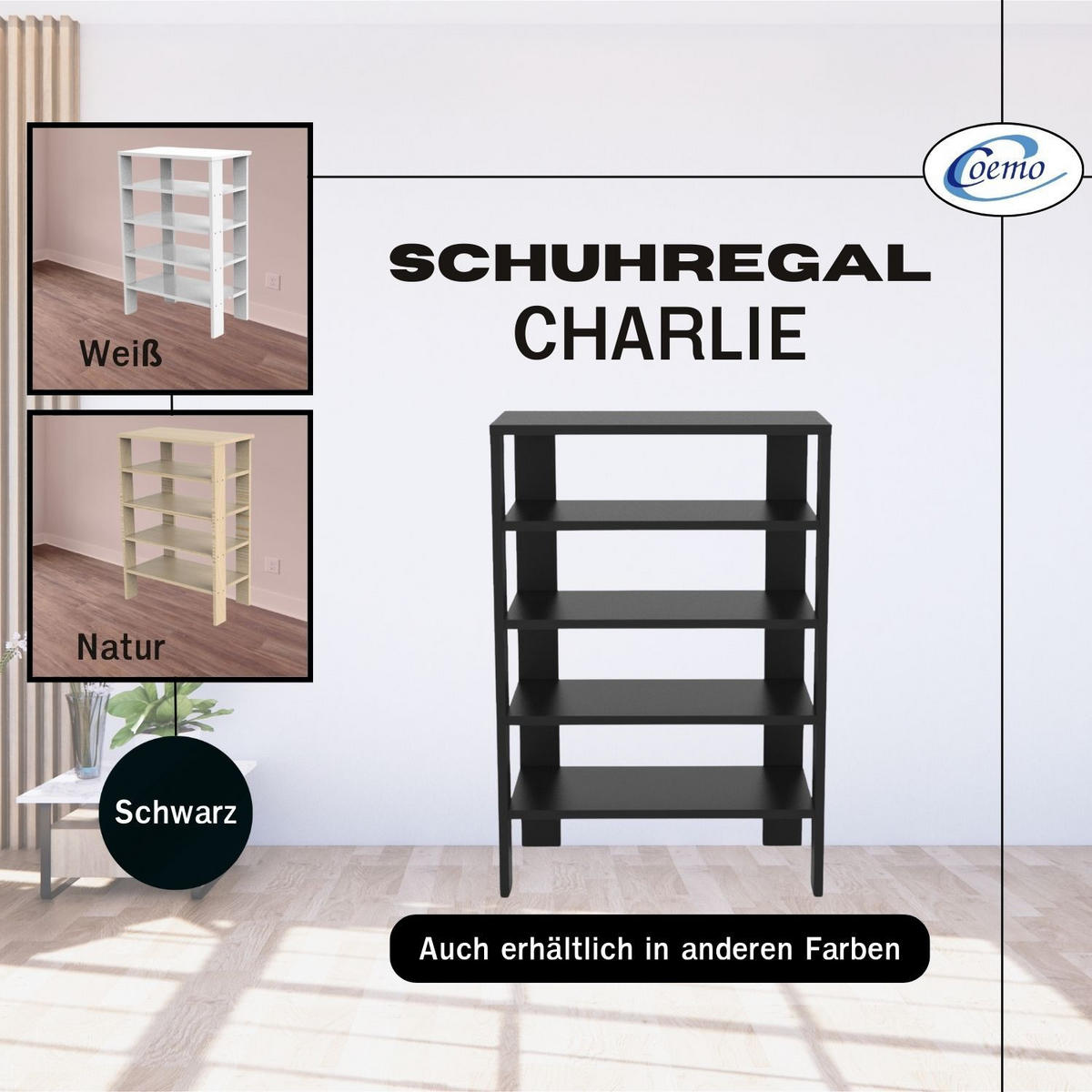 SCHUHREGAL CHARLIE in Schwarz 5 Ablagen - Schwarz, Holzwerkstoff (32/87/60cm) - Coemo