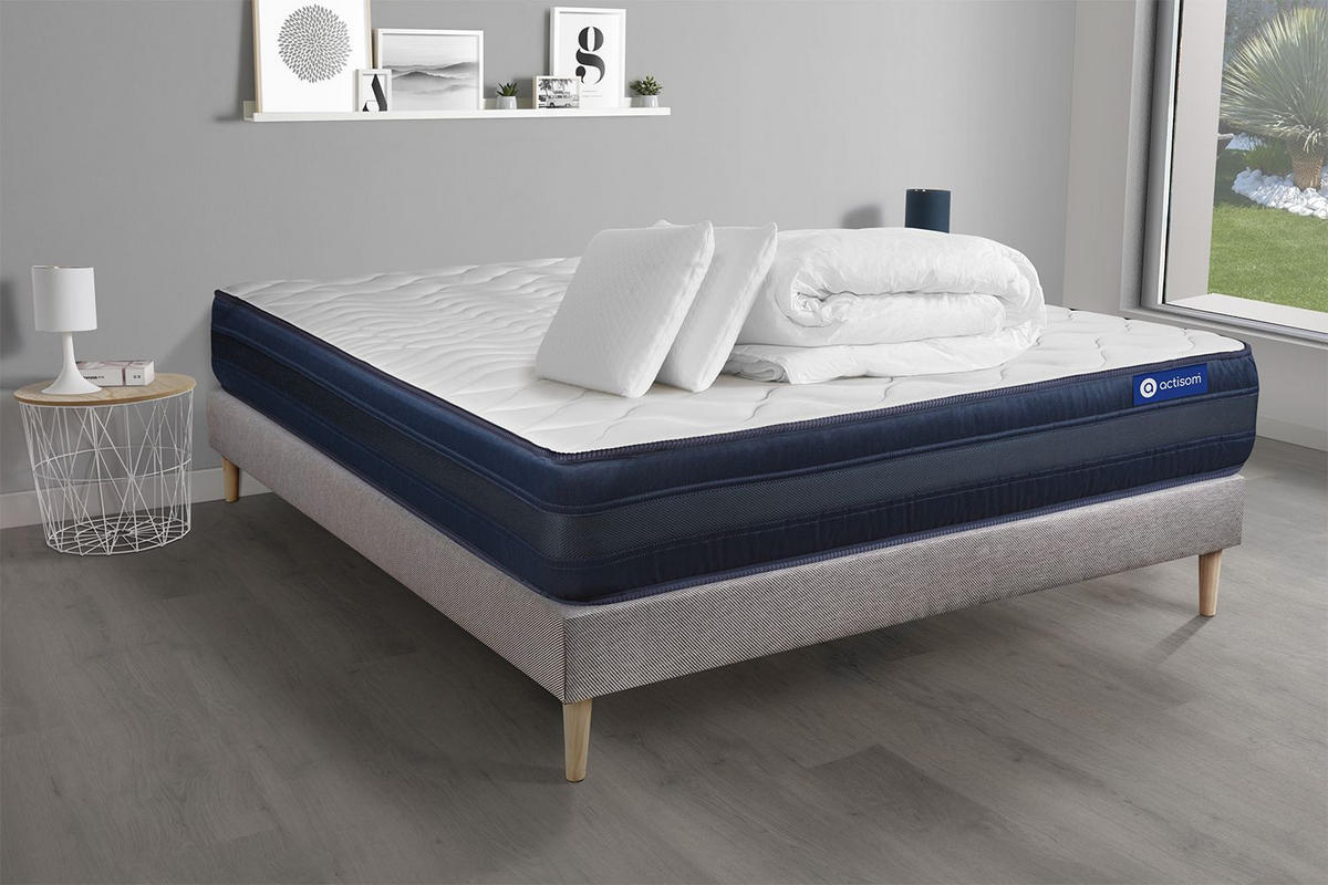 BETT Actimemo tech Memory-Schaum 200 x 200 cm h4 - Kit Bettgestell Grau - Mit Kissen und Bettdecke - Beige/Grau, Holz/Textil (200/200cm) - ACTISOM