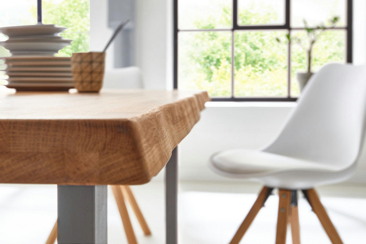 ESSTISCH Baumkante massiv Wildeiche silber SESSA 80 cm - Beige/Silberfarben, Holz/Metall (80/80/77cm) - SAM