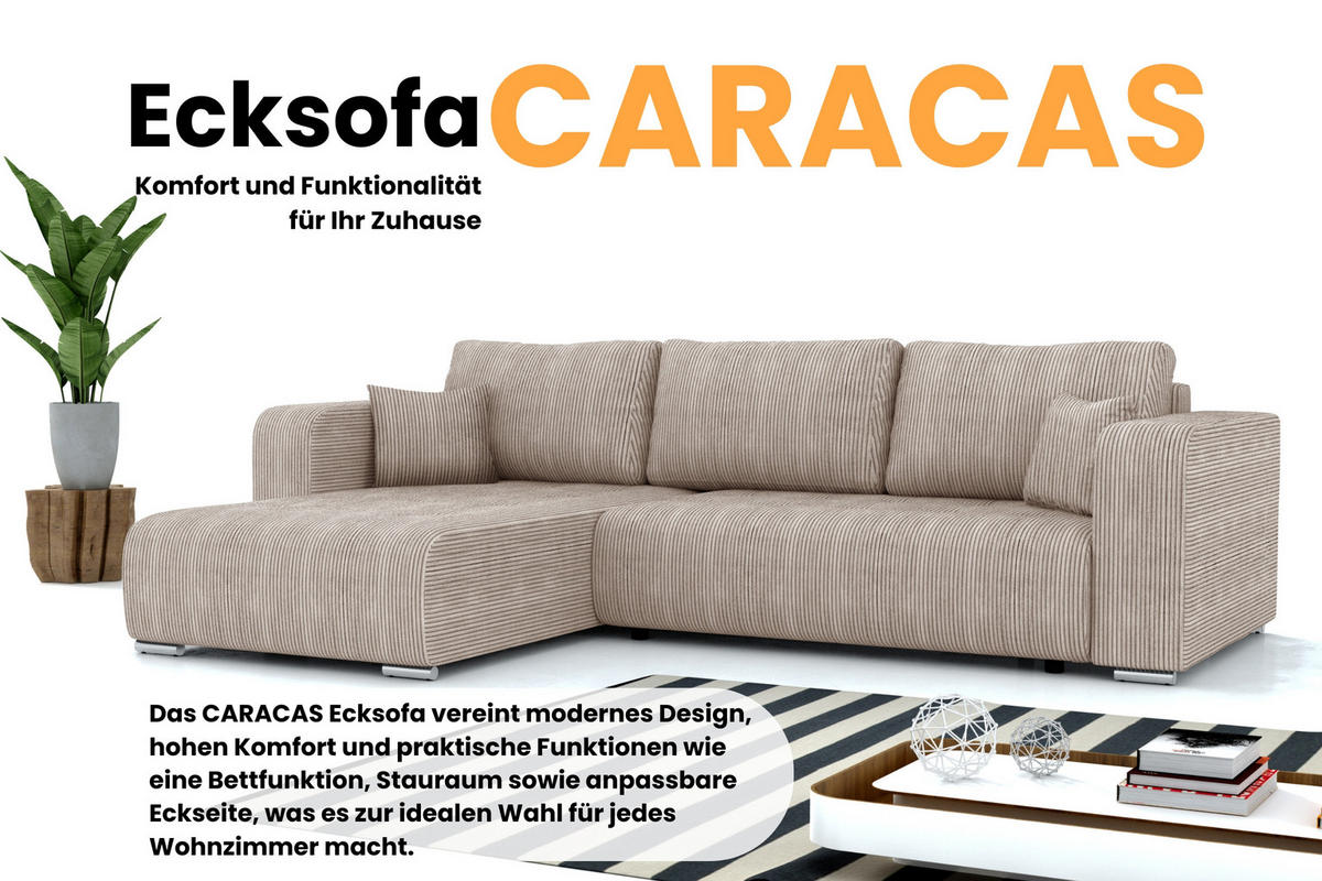 ECKSOFA CARACAS 288/185 in Cord Beige mit Schlaffunktion links - Beige, Holz/Holzwerkstoff (288/185cm) - Deine Möbel 24