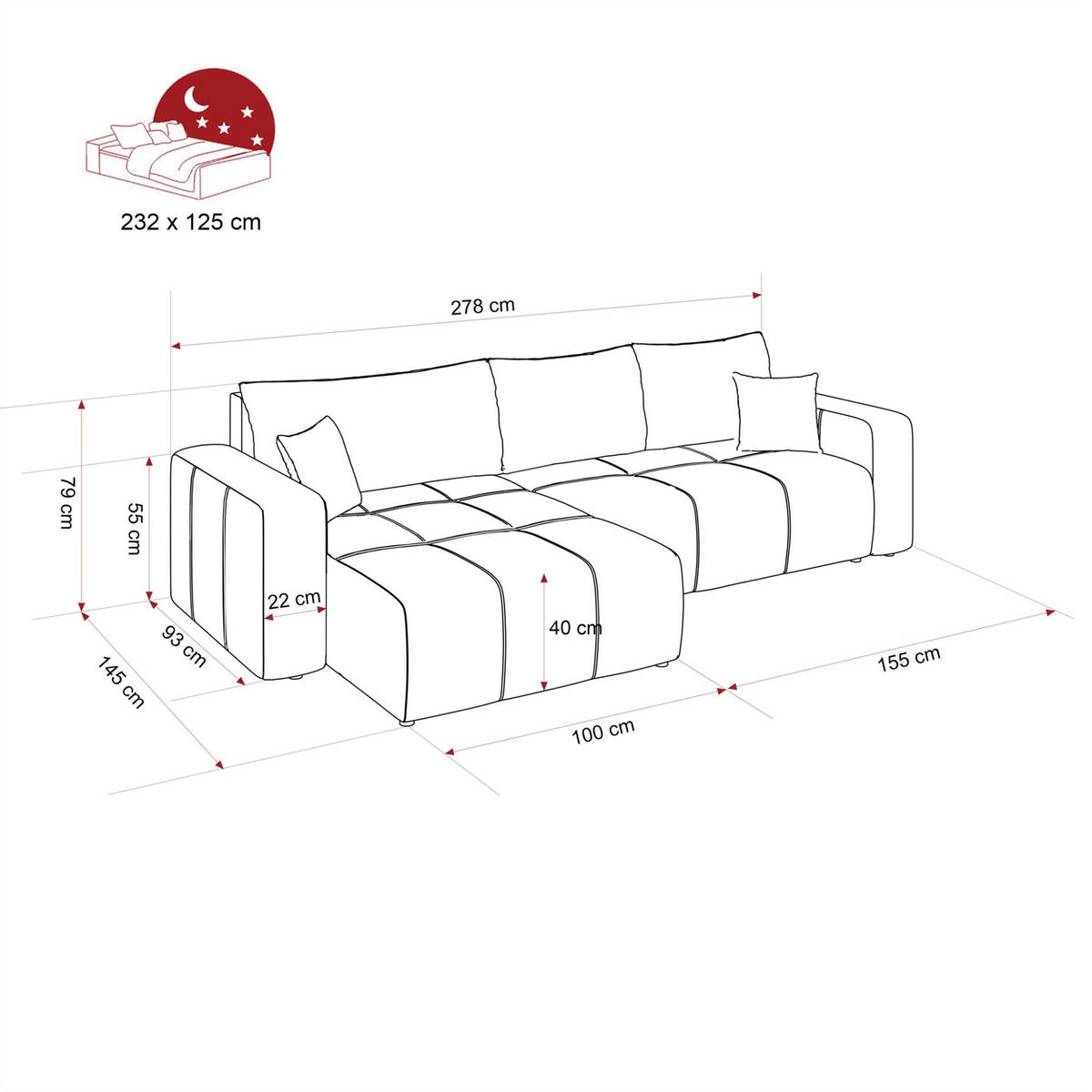 ECKSOFA Leros Xl Mit Schlaffunktion - Schwarz, Holzwerkstoff/Textil (278/145cm) - Fun Möbel