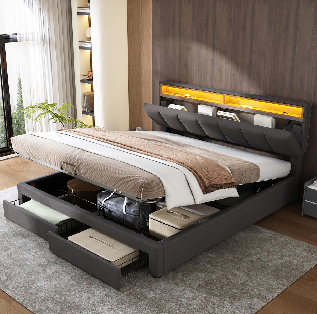 POLSTERBETT mit LED-Beleuchtung 160/200 cm mit Bettkasten und gepolstertem Kopfteil - Hellgrau, Metall (160/200cm) - BEAOK
