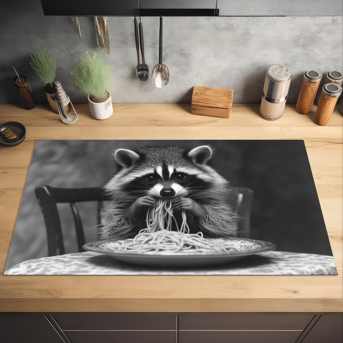 HERDABDECKPLATTE Waschbär - Niedlich - Pasta - Tischtuch - Schwarz - Weiß Induktionsschutz 91.2x52 cm - Grau, Kunststoff (91.2/52/0.2cm) - MuchoWow