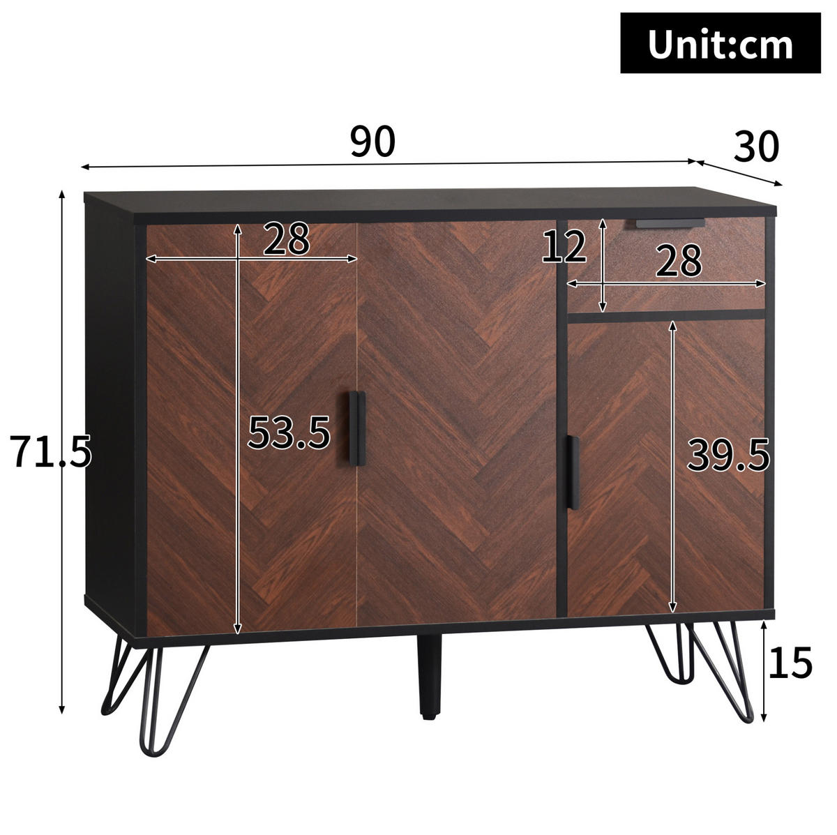 SIDEBOARD 90/30/71,5 cm in Schwarz und Holzoptik mit 3 Türen und Schublade - Naturfarben, Holzwerkstoff (90/71.5/30cm) - Flora Grace