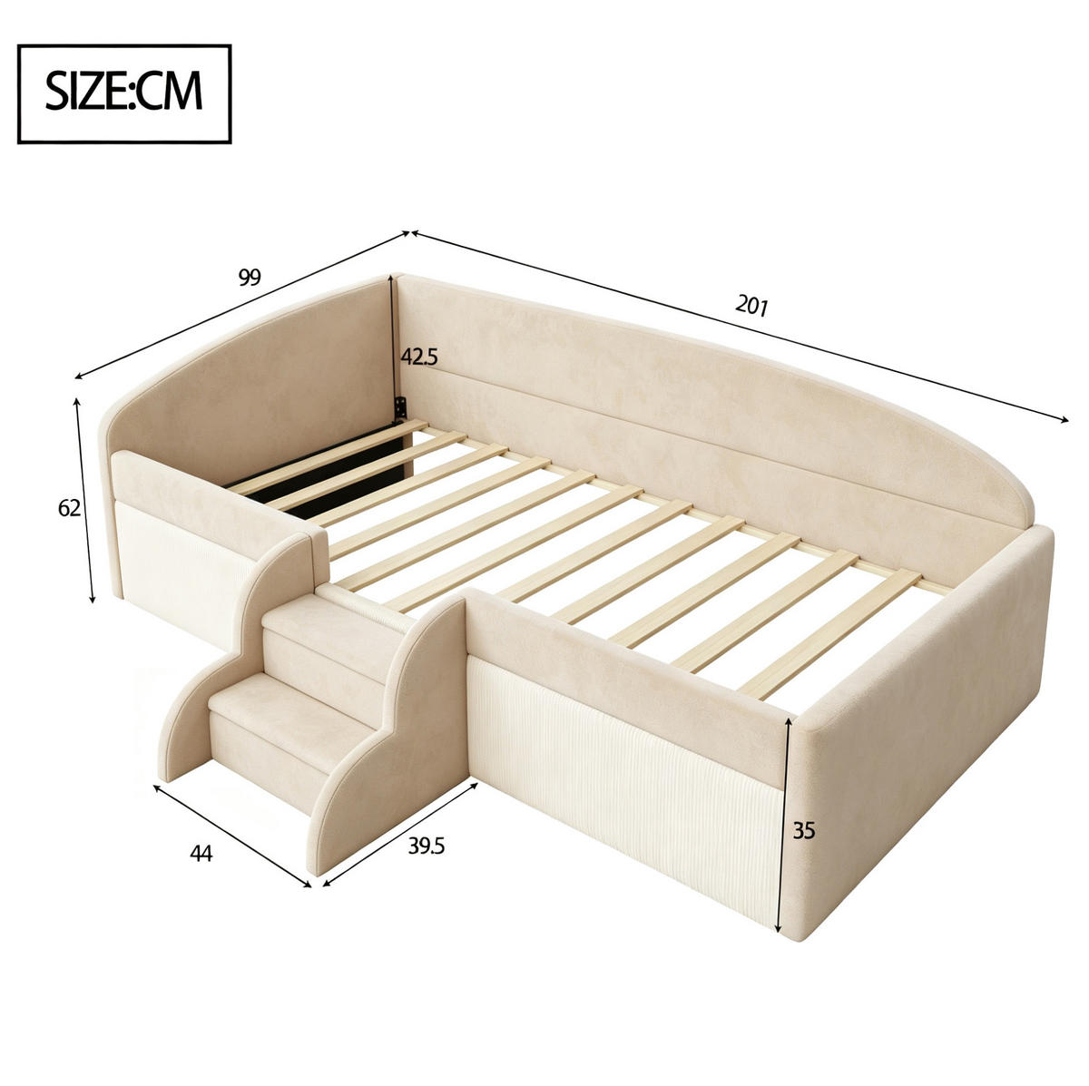POLSTERBETT 90/190 cm aus Samt mit Stufen und Rausfallschutz, Beige - Beige, Textil (90/190cm) - OKMYHOME
