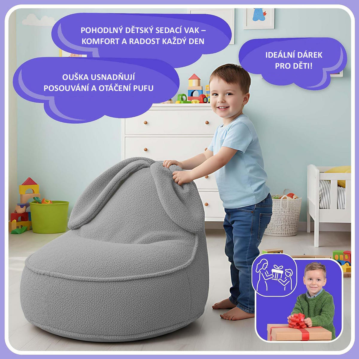 SITZSACK FÜR KINDER Hase 75/75/55 cm, weicher Bouclé 315 g/m², abnehmbarer Bezug, Pearl Grey - Hellgrau, Textil (75/55/75cm) - Dreamroots