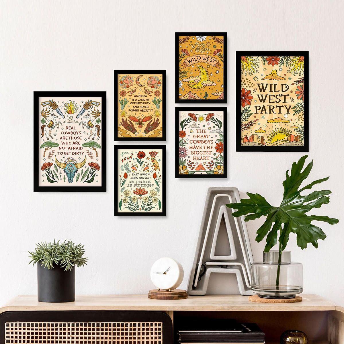 POSTER Set Mit 6 Wundervoller Wildwest-Ästhetische Dekorative Gemälde Für Ihr Wohnzimmer Oder Zuhause Wandkunstdruck A3 & A4 Schwarzer Rahmen - Schwarz, Papier (29/3cm) - Nacnic