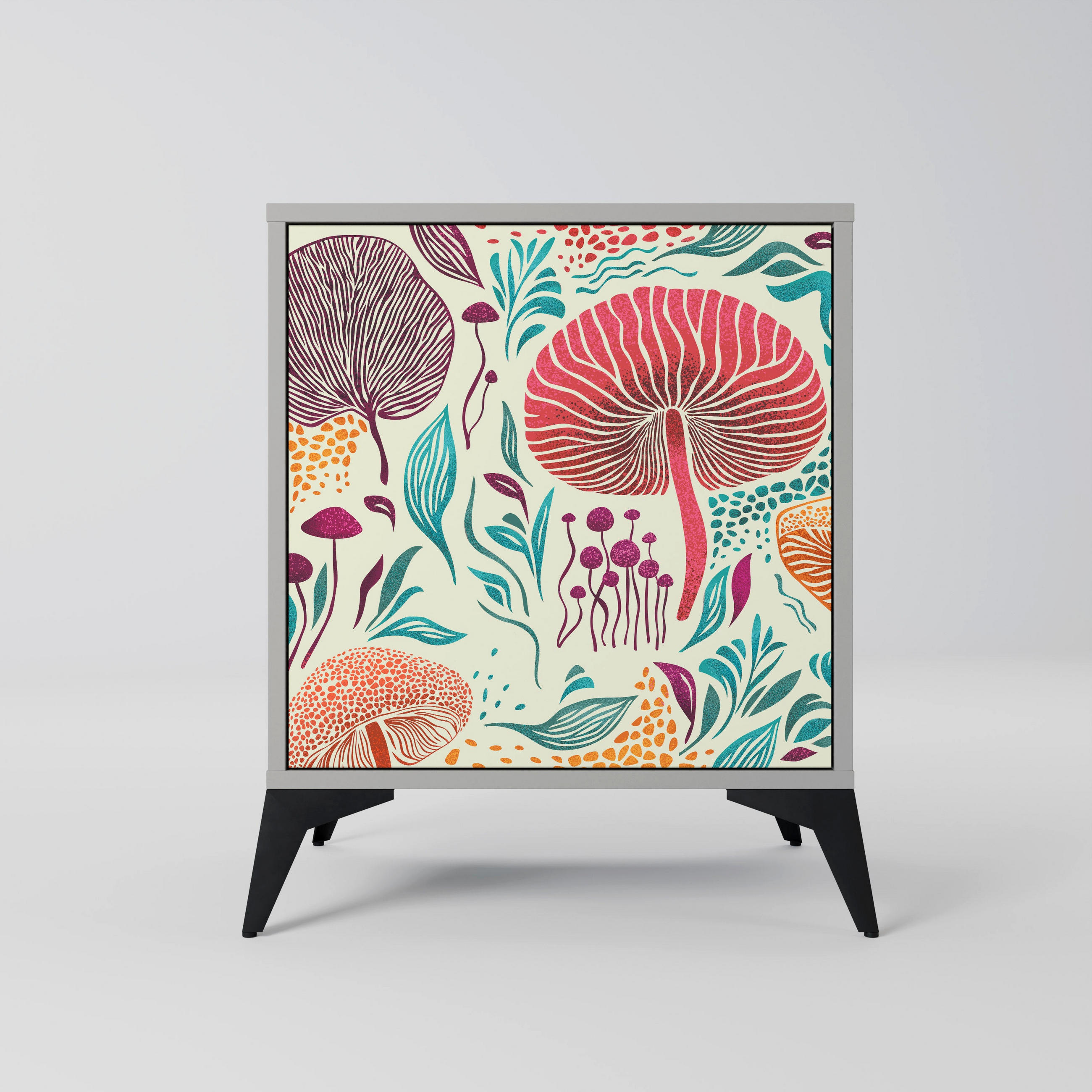 SIDEBOARD FUNGUS FANTASY, Grau, 57,5x42x70,5 cm, Schwarze Metall-Sternfüße - Multicolor/Schwarz, Holzwerkstoff/Metall (57.5/70.5/42cm) - SpaceRebels