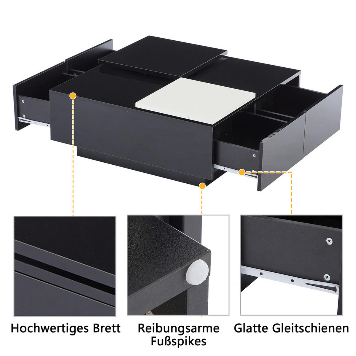 COUCHTISCH 75x75cm Schwarz Hochglanz Quadratisch Weiß Einschiebeplatte 30kg - Weiß, Holz (85.85/85.85/13.97cm) - FLIEKS