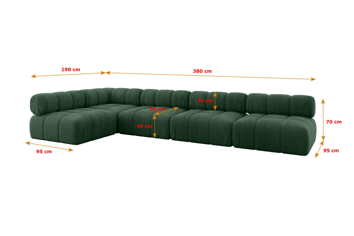 ECKSOFA modulares Sofa Samaro-L3 - 380x190x70 cm Grün Cord - Grün, Holzwerkstoff/Textil (380/190cm) - ALTDECOR