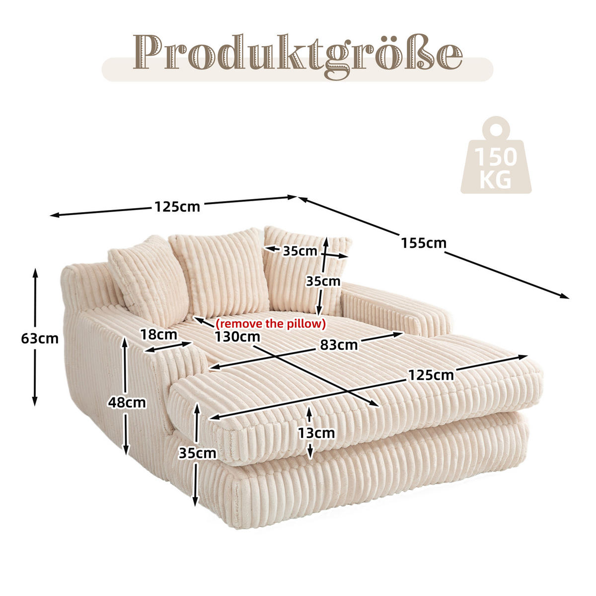 CHAISELONGUE Cord mit 3 Kissen 125/155/63 cm Beige - Beige, Textil (63/125/155cm) - Redom