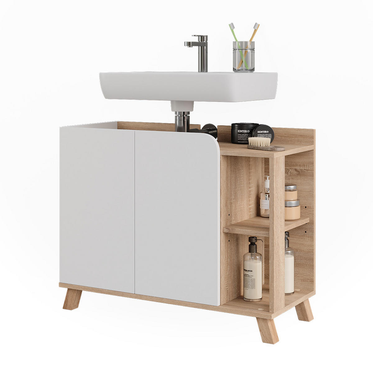 WASCHBECKENUNTERSCHRANK Karen Sonoma/Weiß 80 x 65 cm mit 2 Türen - Weiß/Sonoma Eiche, Holzwerkstoff (80/65/35cm) - Vicco