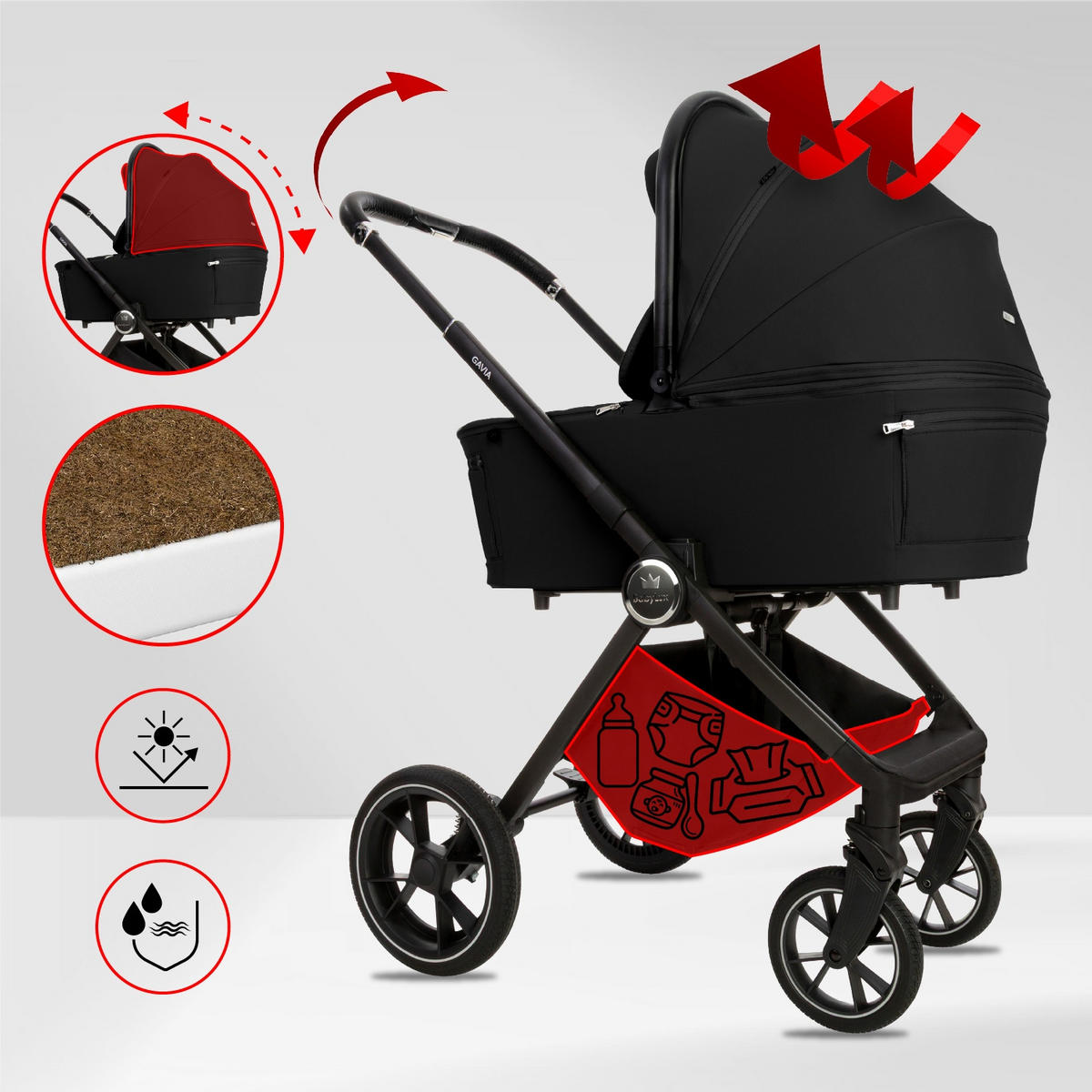 KINDERWAGEN Gavia 4in1 Schwarz Babywanne, Reisebuggy, Autositz, Isofix Basis - Schwarz, Textil/Metall (58/98cm) - BabyLux