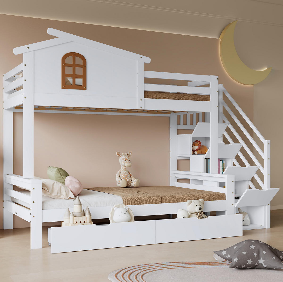 ETAGENBETT 90/200 cm und 120/200 cm Weiß Natur mit Schubladen ohne Matratze - Weiß, Holz (90/200cm) - MIVRAY