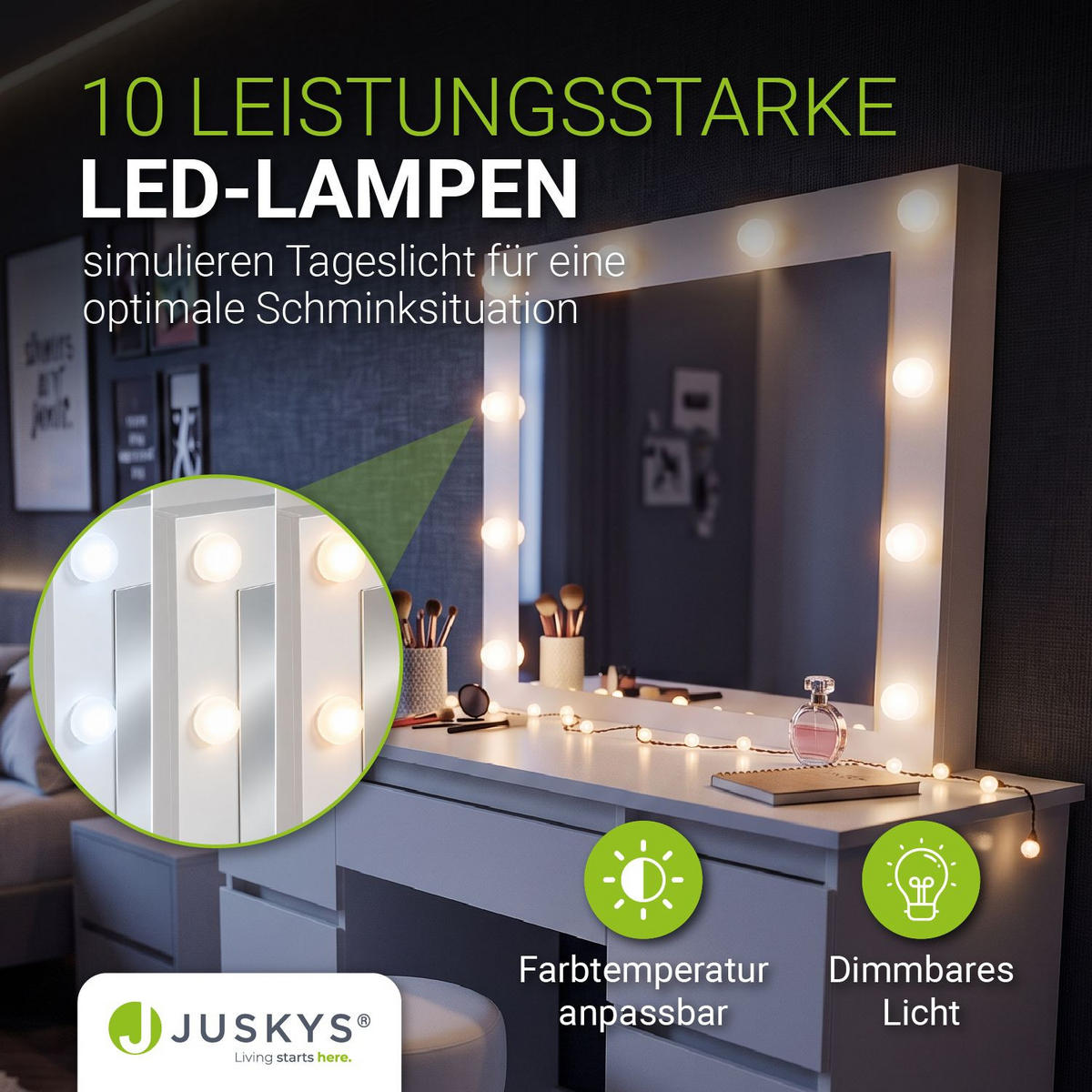 SCHMINKTISCH Talea mit LED (3 Lichtstufen) inkl Hocker Tonia - Weiß, Holz (110/141/40cm) - Juskys
