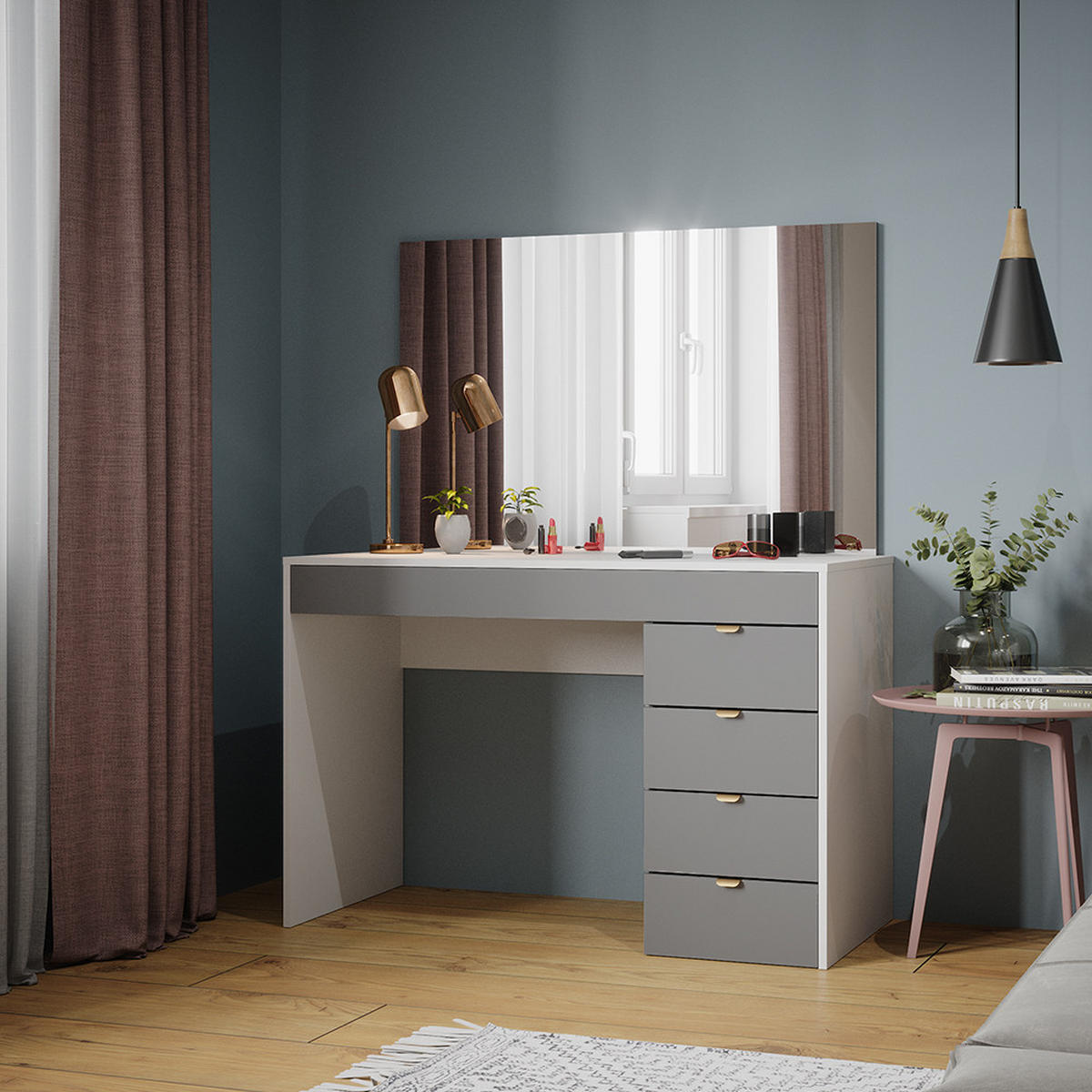 SCHMINKTISCH Elise Weiß/Grau/Grau 115 cm mit Spiegel - Weiß/Grau, Holzwerkstoff (115/76/55cm) - Vicco
